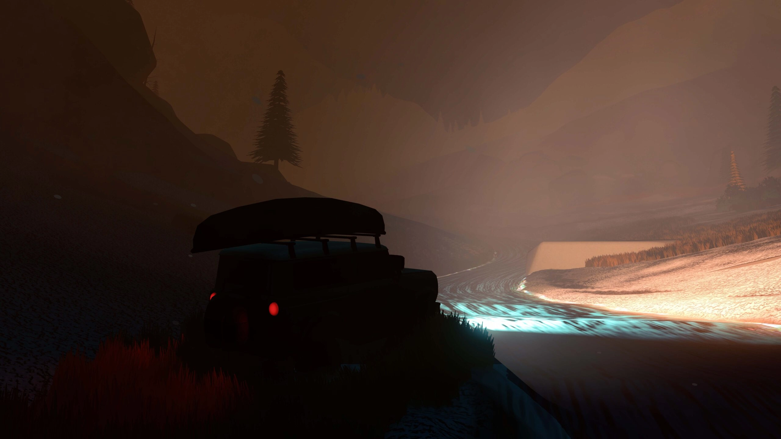 Off-road vehicle navigating a misty, rugged mountain path at dusk, highlighting Over the Hill's adventure theme