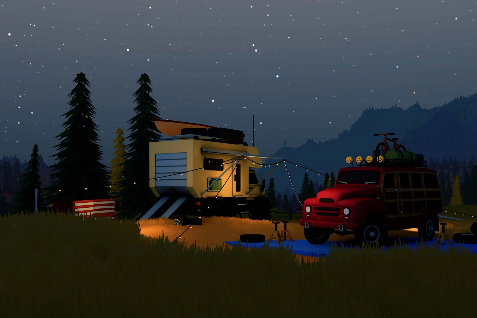 A cozy campsite with a camper and red off-road vehicle under a starry sky, surrounded by pine trees