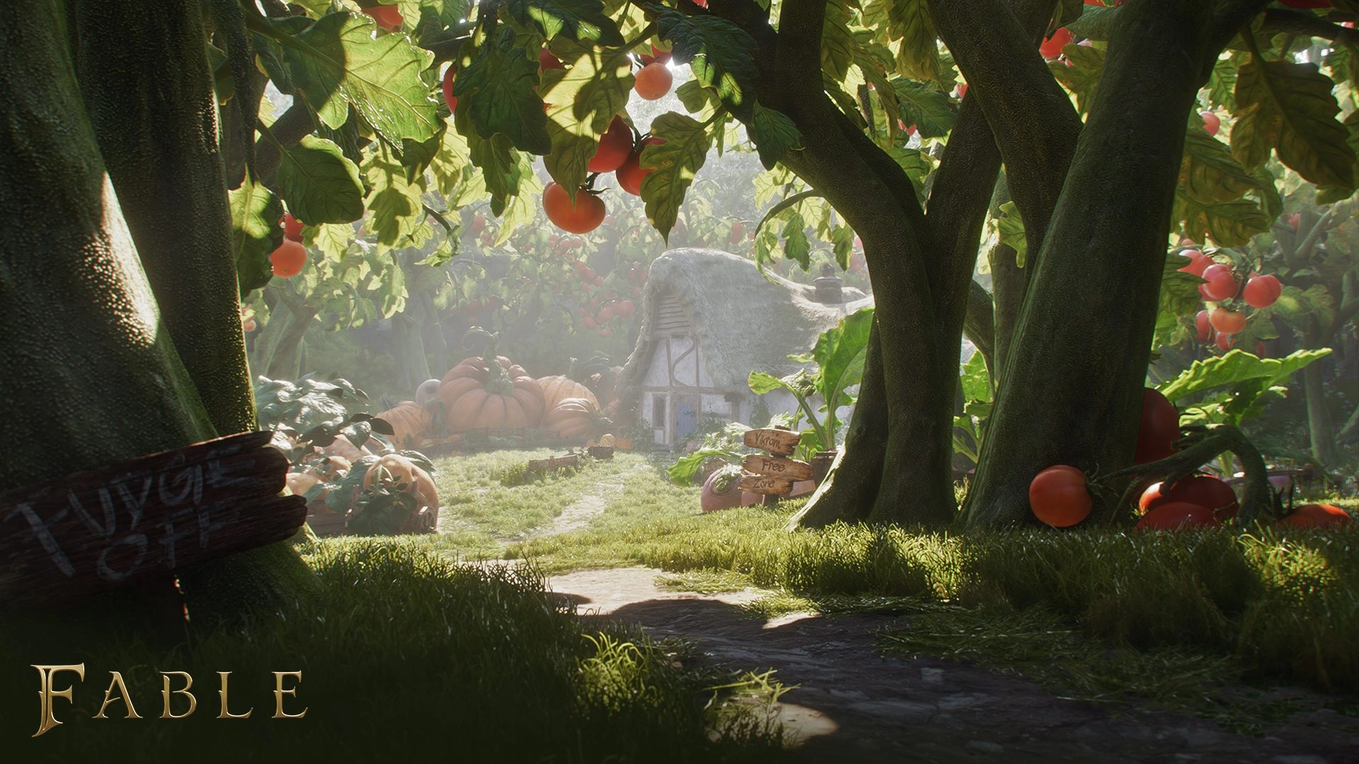 Lush fairytale forest path leading to a quaint cottage, surrounded by pumpkins and vibrant foliage in Albion