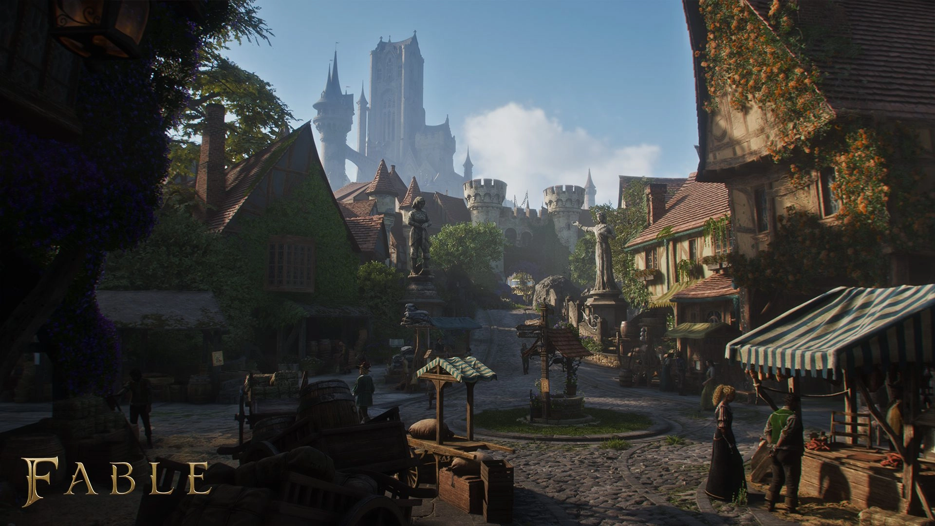 A picturesque village in Albion with medieval architecture, bustling market, and a towering castle in the background