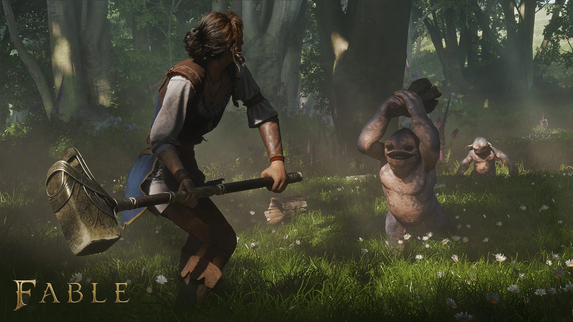 Hero confronts mischievous creatures in a lush forest, showcasing Fable's whimsical and adventurous spirit