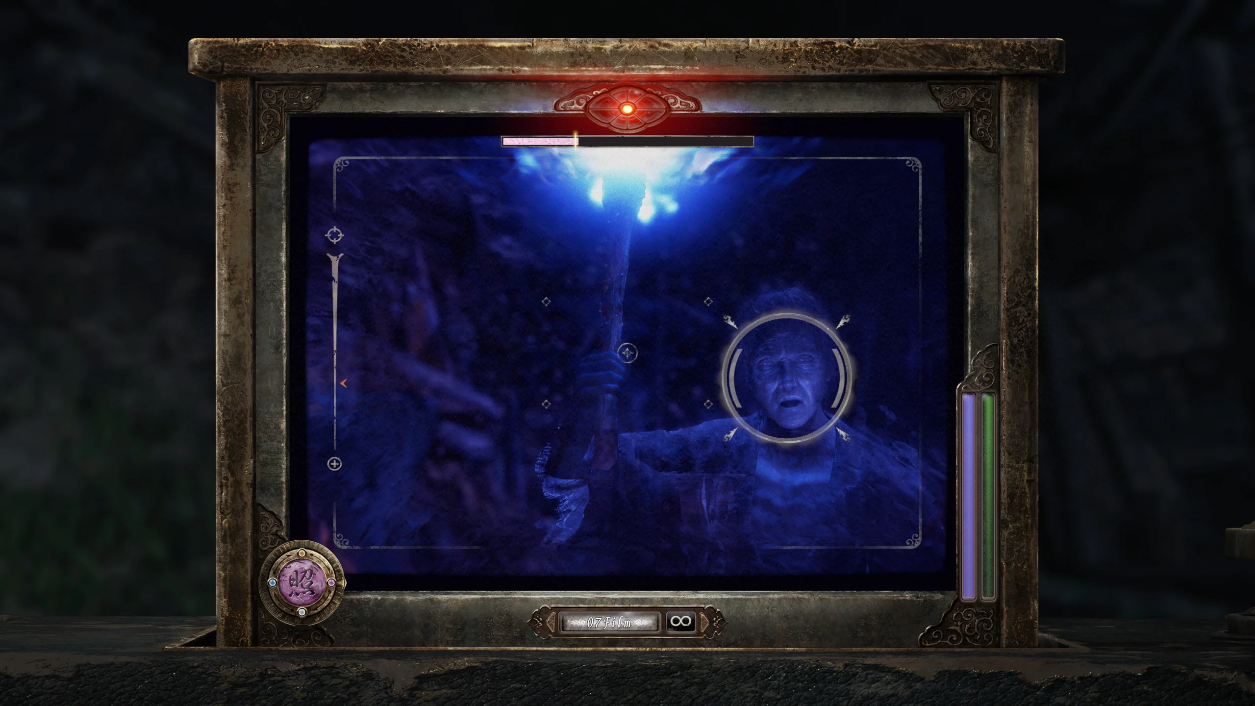 A ghostly figure appears on a vintage camera screen, surrounded by eerie blue light in a dark setting