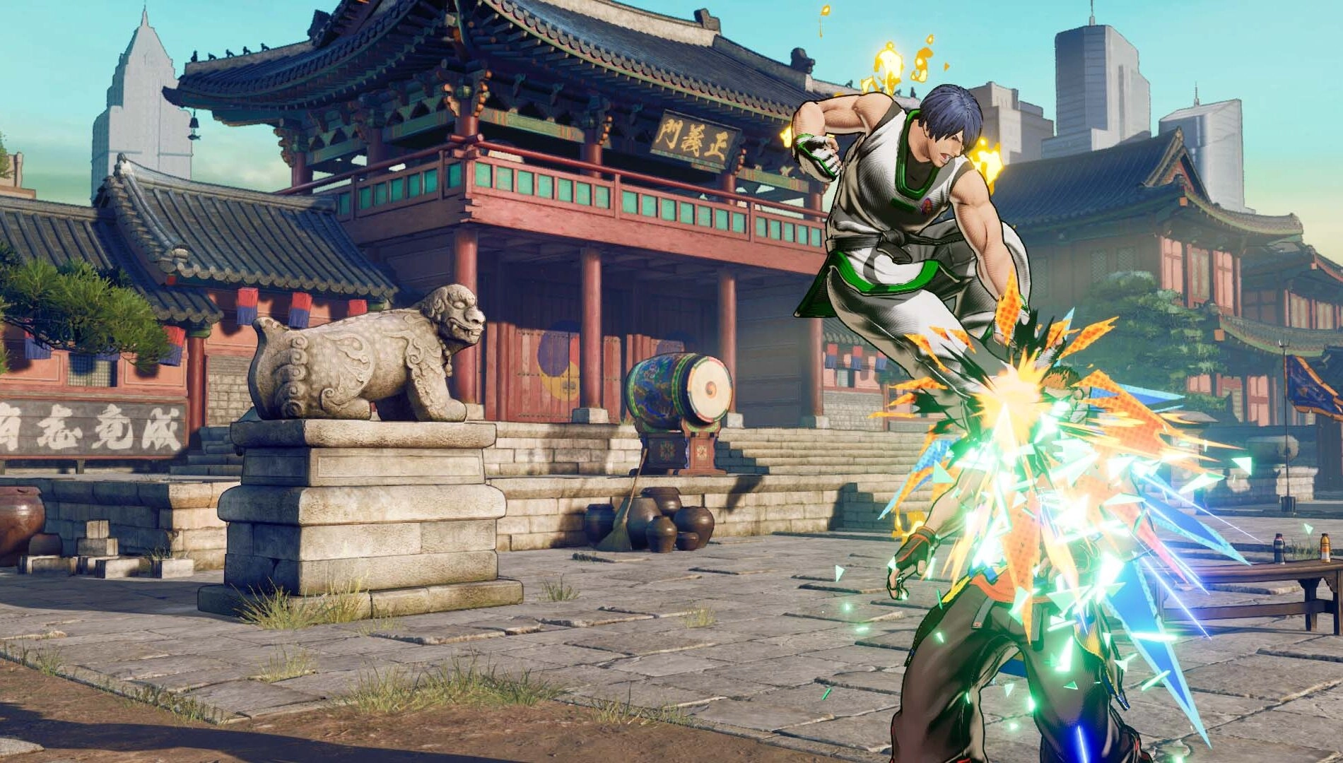 Kim Jae Hoon executing a powerful kick in a traditional courtyard, showcasing his dynamic fighting style