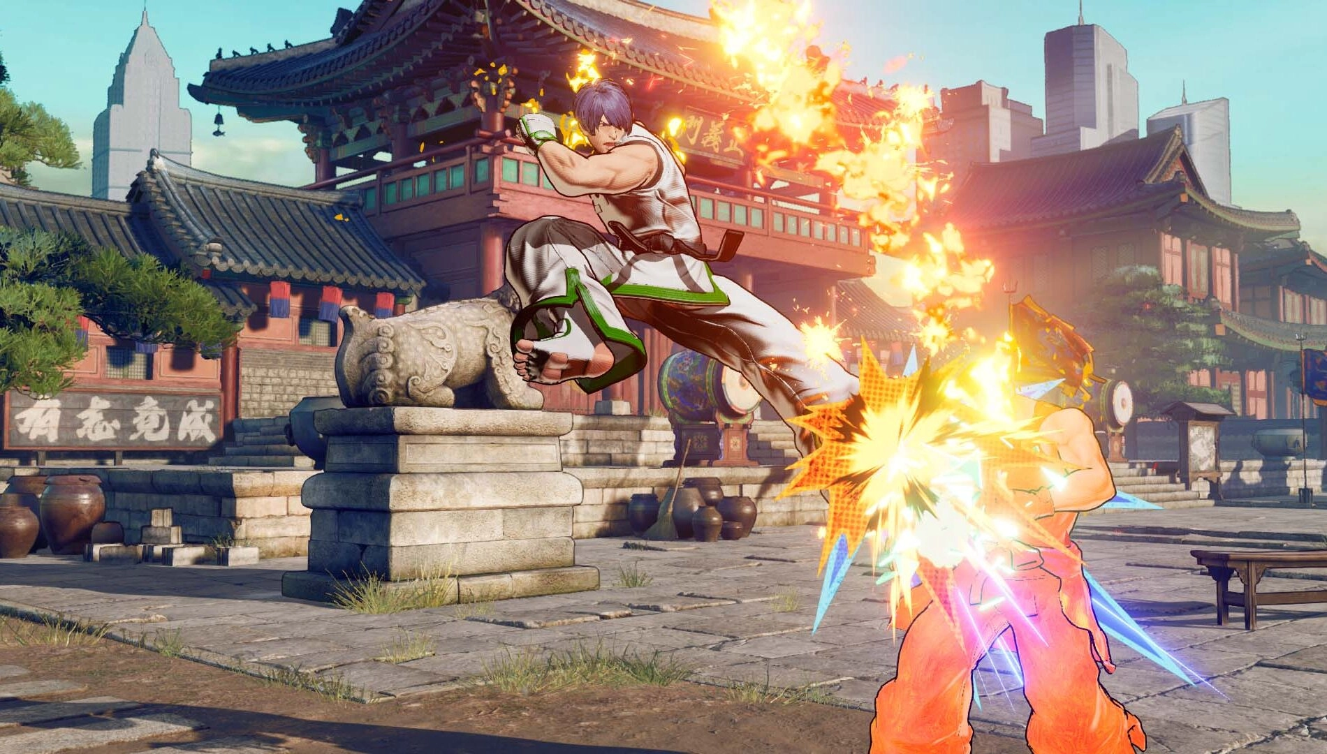 Kim Jae Hoon performing a fiery kick against an opponent in a traditional Korean temple setting