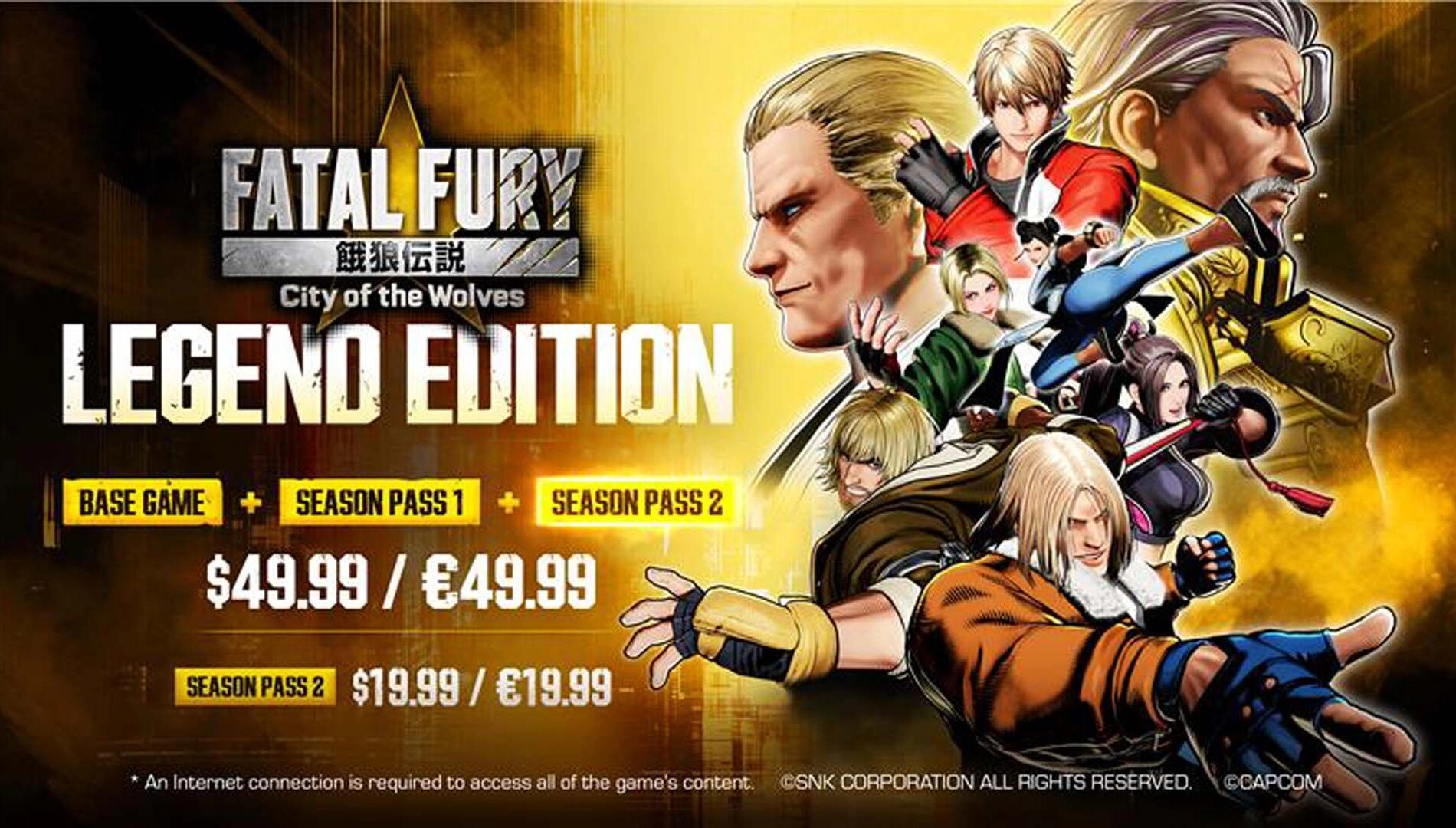Legend Edition cover art featuring Fatal Fury characters, highlighting Season Pass 1 and 2 pricing details