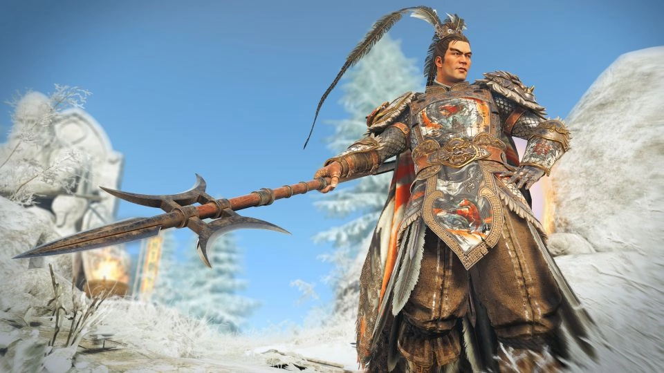 Warrior in ornate armor holding a polearm, standing in a snowy landscape under a clear blue sky