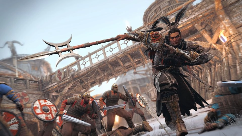 Warrior wielding a polearm leads charge in snowy battlefield, surrounded by armored fighters in intense combat