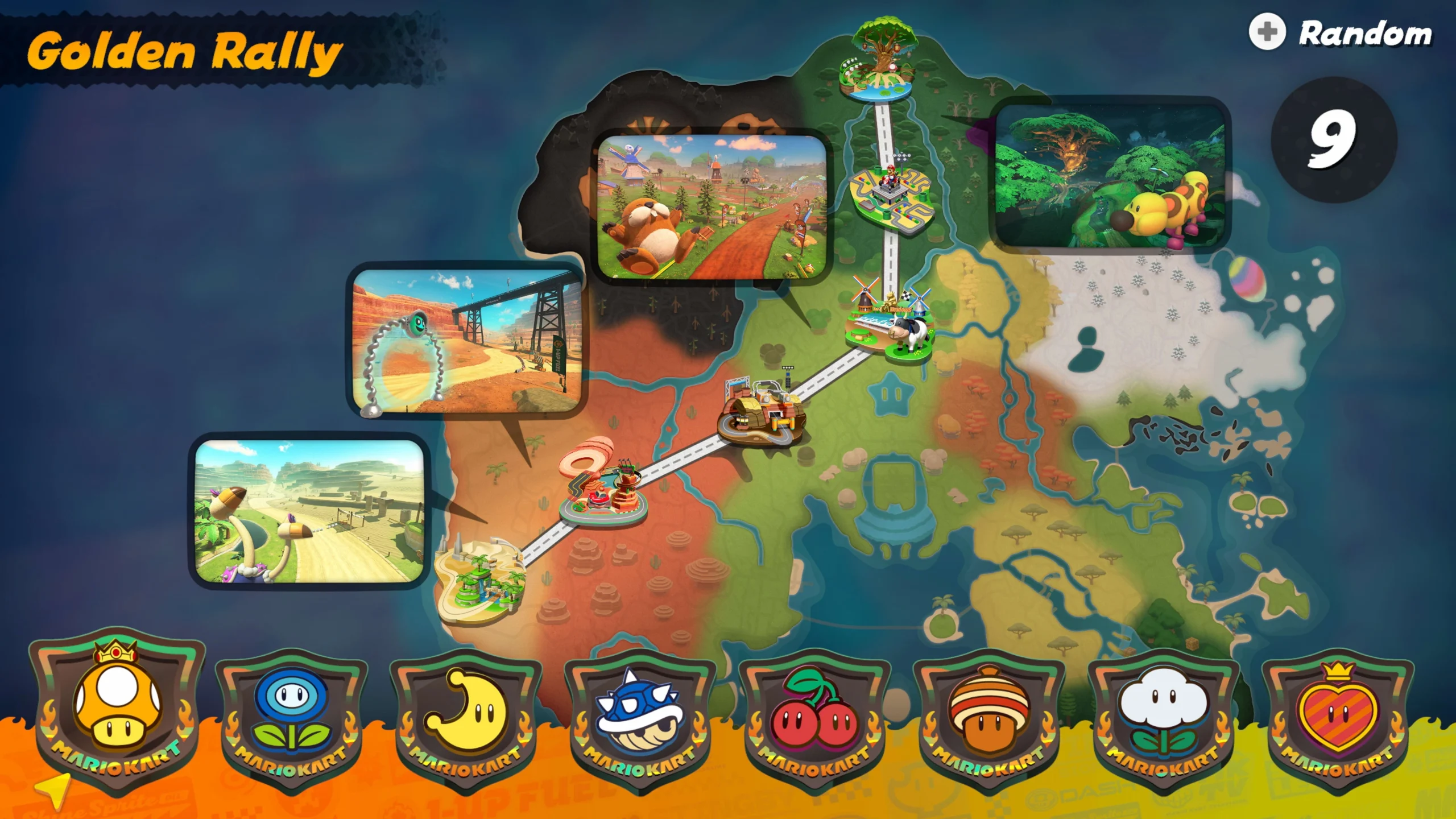 Map of Golden Rally in Mario Kart World, showing various race tracks and character icons for team selection