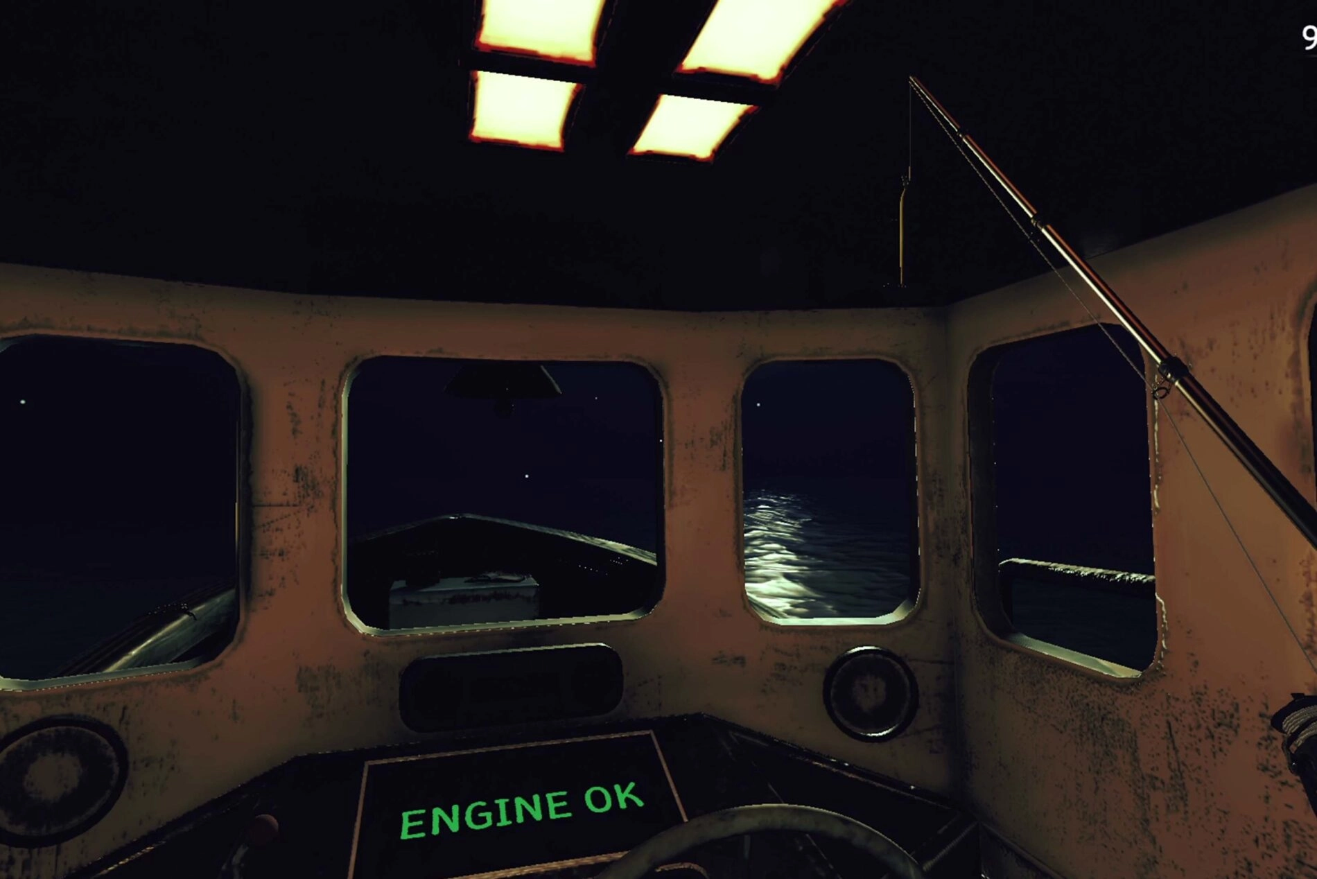 Interior view of a dimly lit boat cabin at night, steering wheel in foreground, conveying tense atmosphere in game narrative.