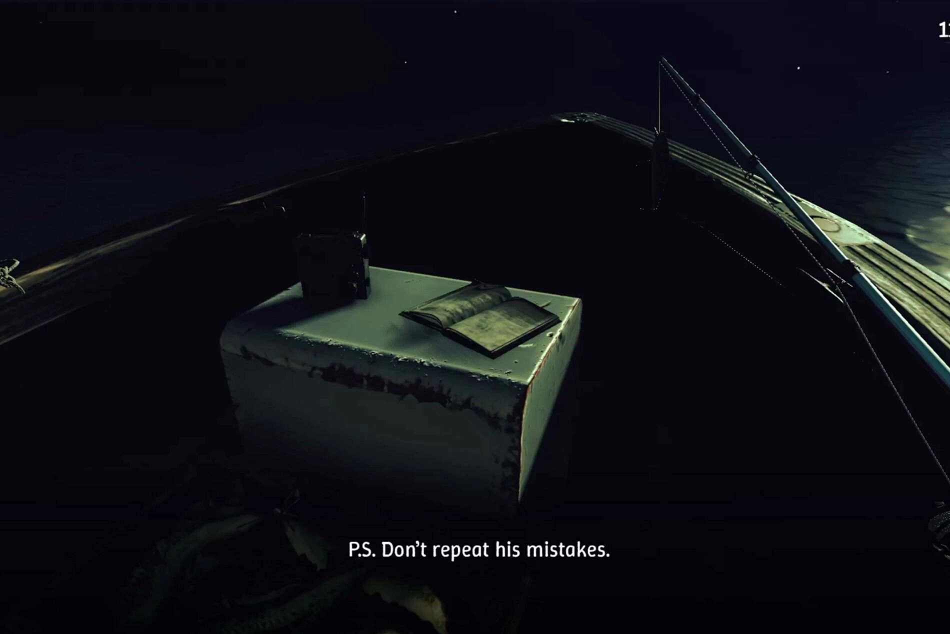 A dimly lit boat interior with a table, book, and the text "P.S. Don
