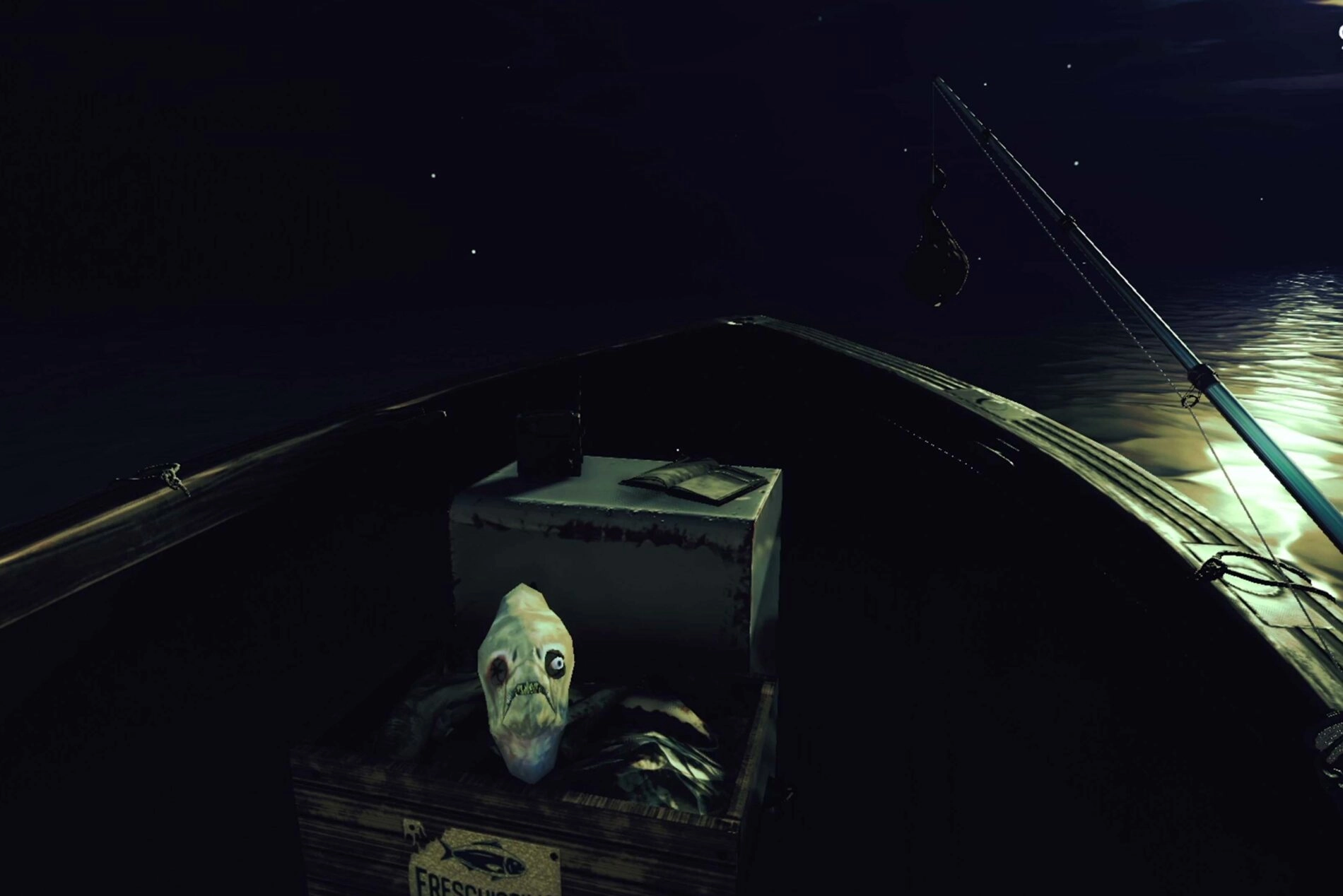 A eerie night fishing scene on a boat, featuring unsettling items and a mysterious, atmospheric vibe.