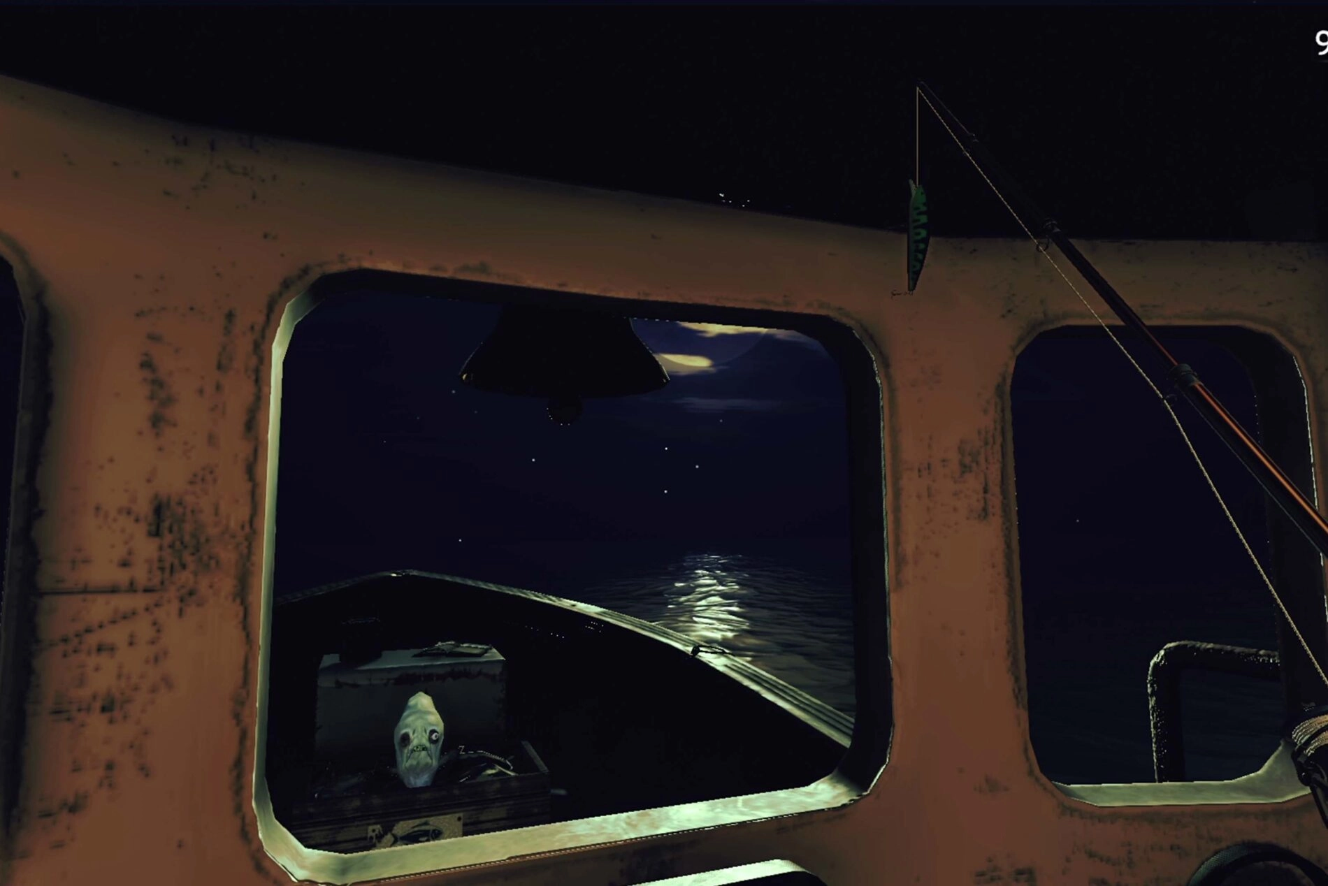 A solitary boat at night, creating an eerie atmosphere; the player confronts a haunting debt-driven narrative amidst dark ...