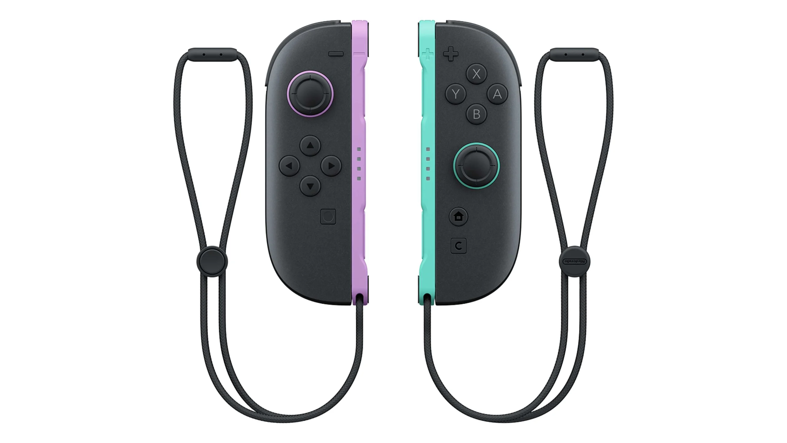 Two vibrant Nintendo Switch Joy-Con controllers in purple and teal, featuring ergonomic designs and attached wrist straps.