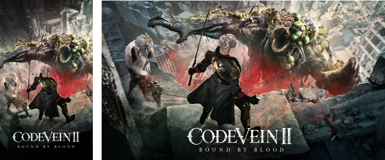 Epic battle scene from CODE VEIN II featuring characters facing a monstrous creature in a dark, atmospheric setting