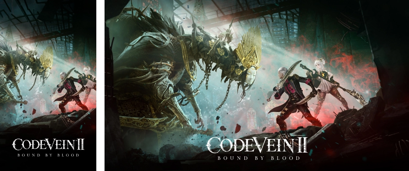 Epic battle scene from CODE VEIN II featuring iconic characters in a dark, atmospheric setting