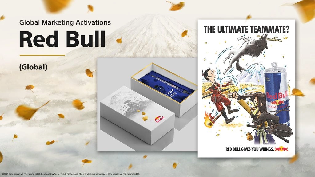 Red Bull marketing activation featuring a PlayStation-themed box and a dynamic illustration with Red Bull can