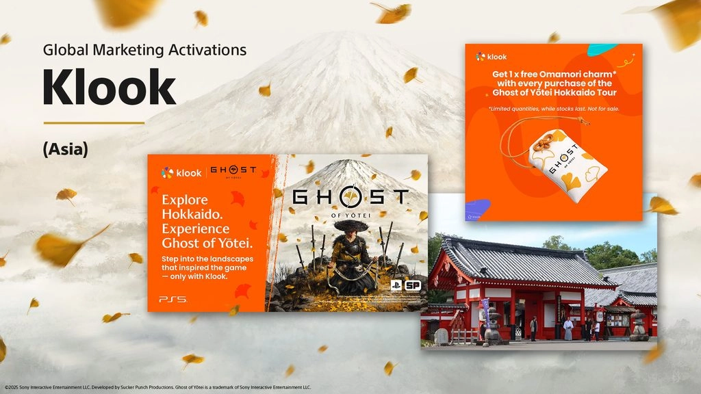 Promotional materials for Ghost of Yōtei game, featuring Hokkaido tour and cultural elements