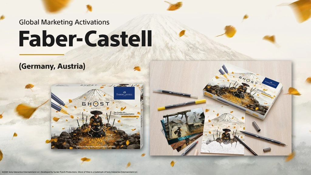 Faber-Castell Ghost of Yōtei art set featuring themed pencils and postcards with a mountain backdrop