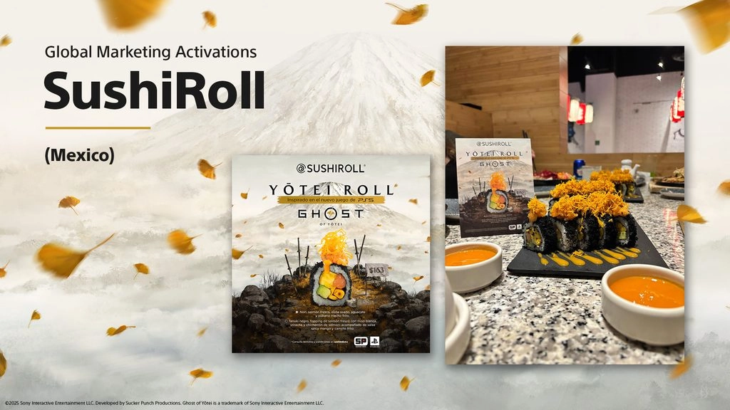 Sushi roll inspired by Ghost of Yōtei, featuring vibrant toppings and branded promotional materials