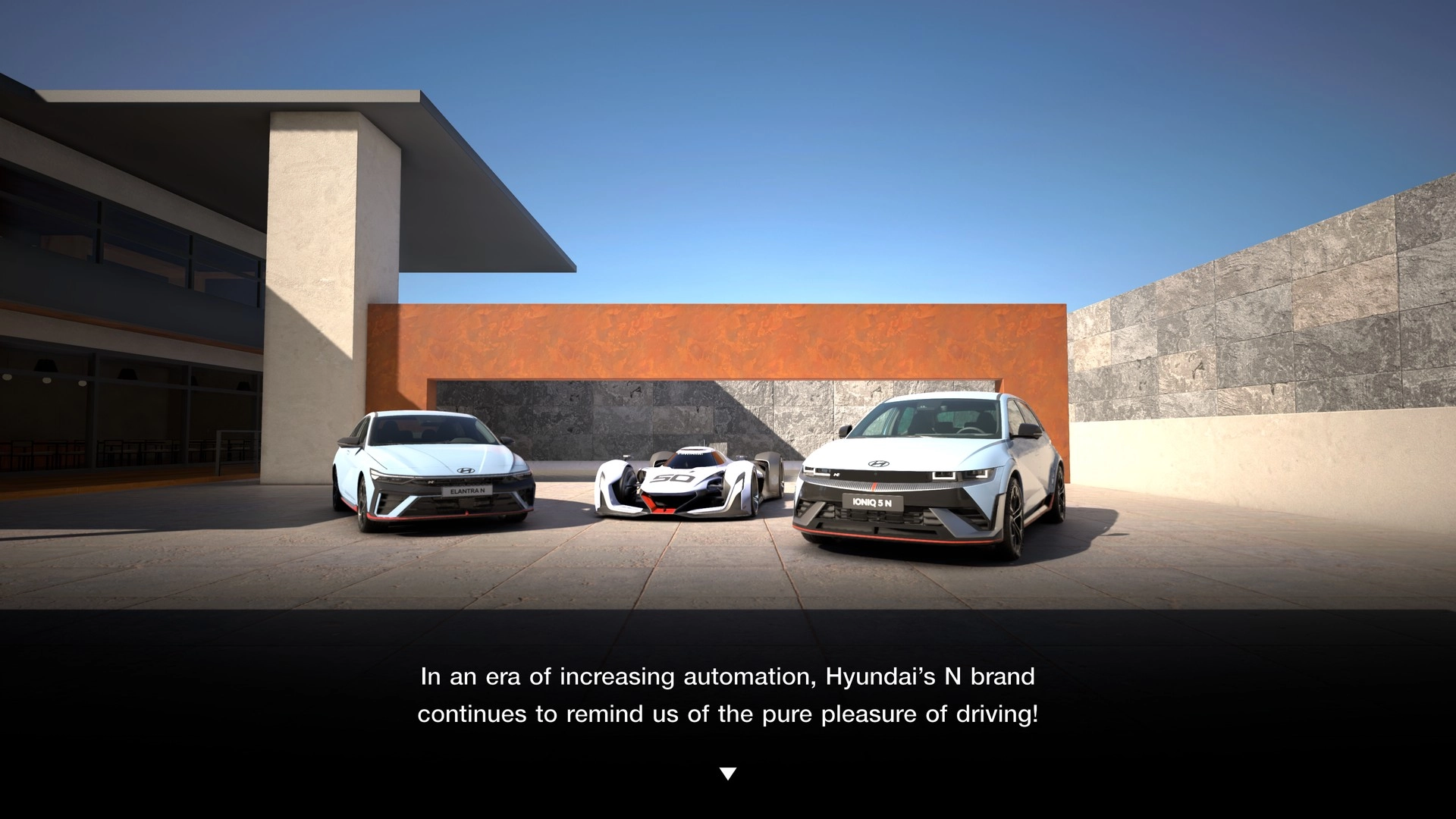 Three cars parked in a modern courtyard: a Hyundai Elantra N TC, a sleek race car, and a futuristic EV