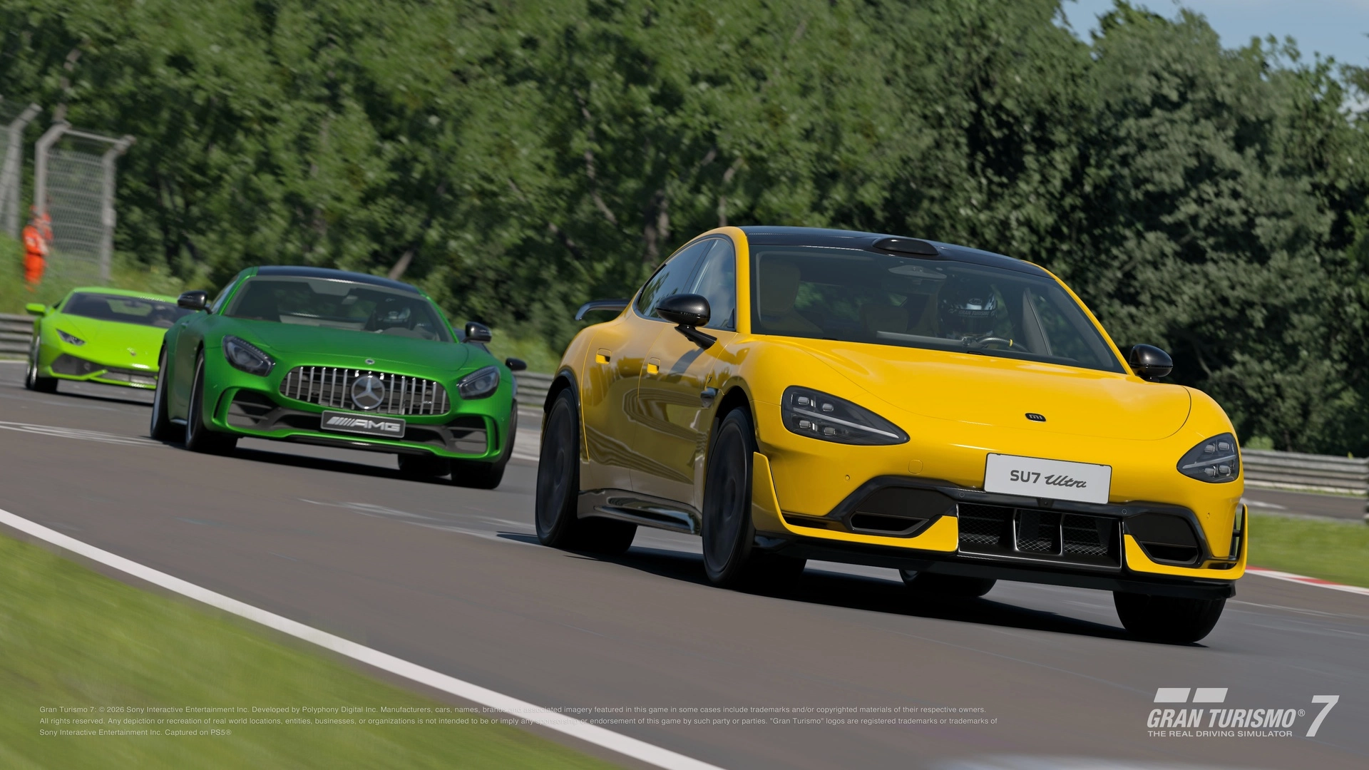 Yellow Xiaomi SU7 Ultra EV leads green Mercedes and another car on a racetrack, showcasing speed and design