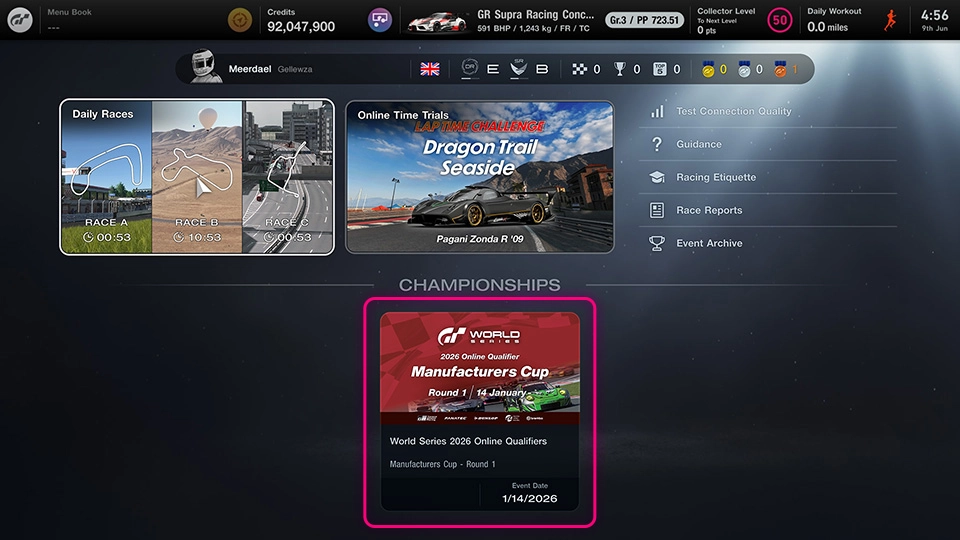 Gran Turismo 7 game interface showing daily races, time trials, and Manufacturers Cup event details