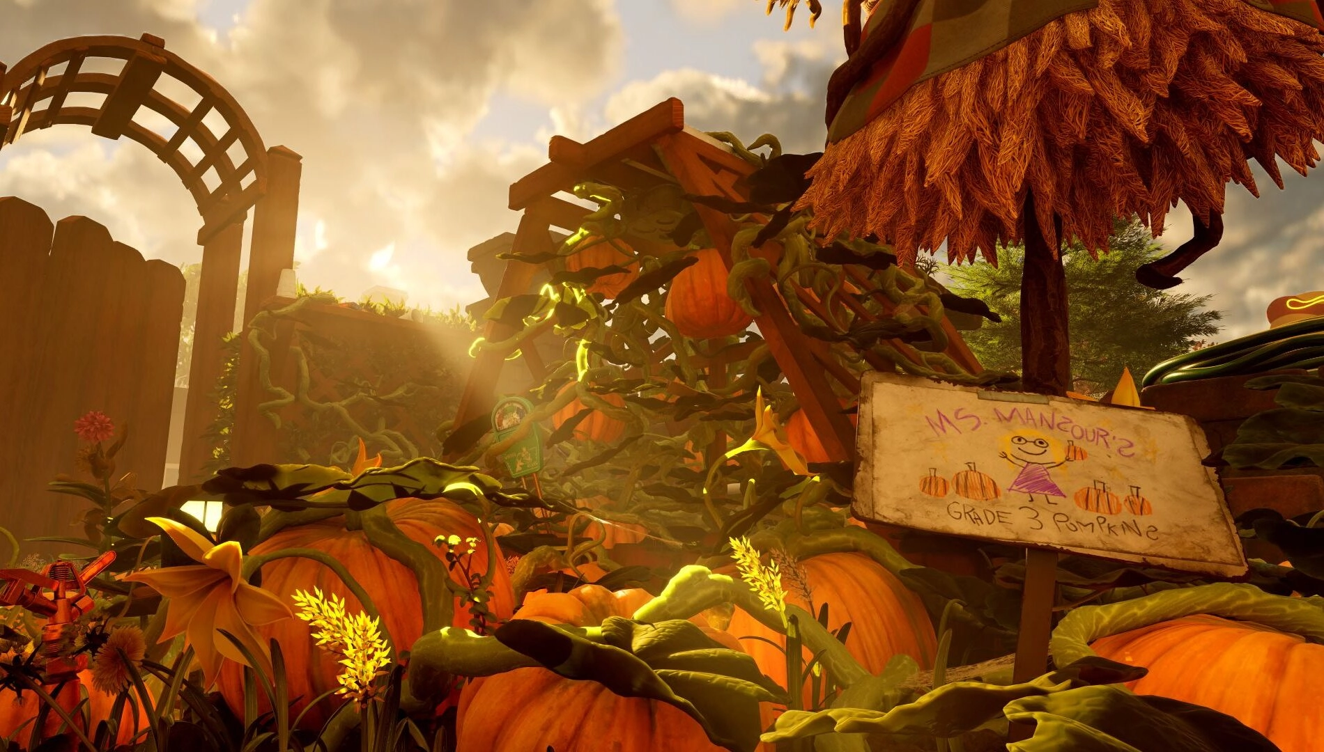 Sunlit garden with large pumpkins, overgrown vines, and a whimsical sign, hinting at a mysterious adventure