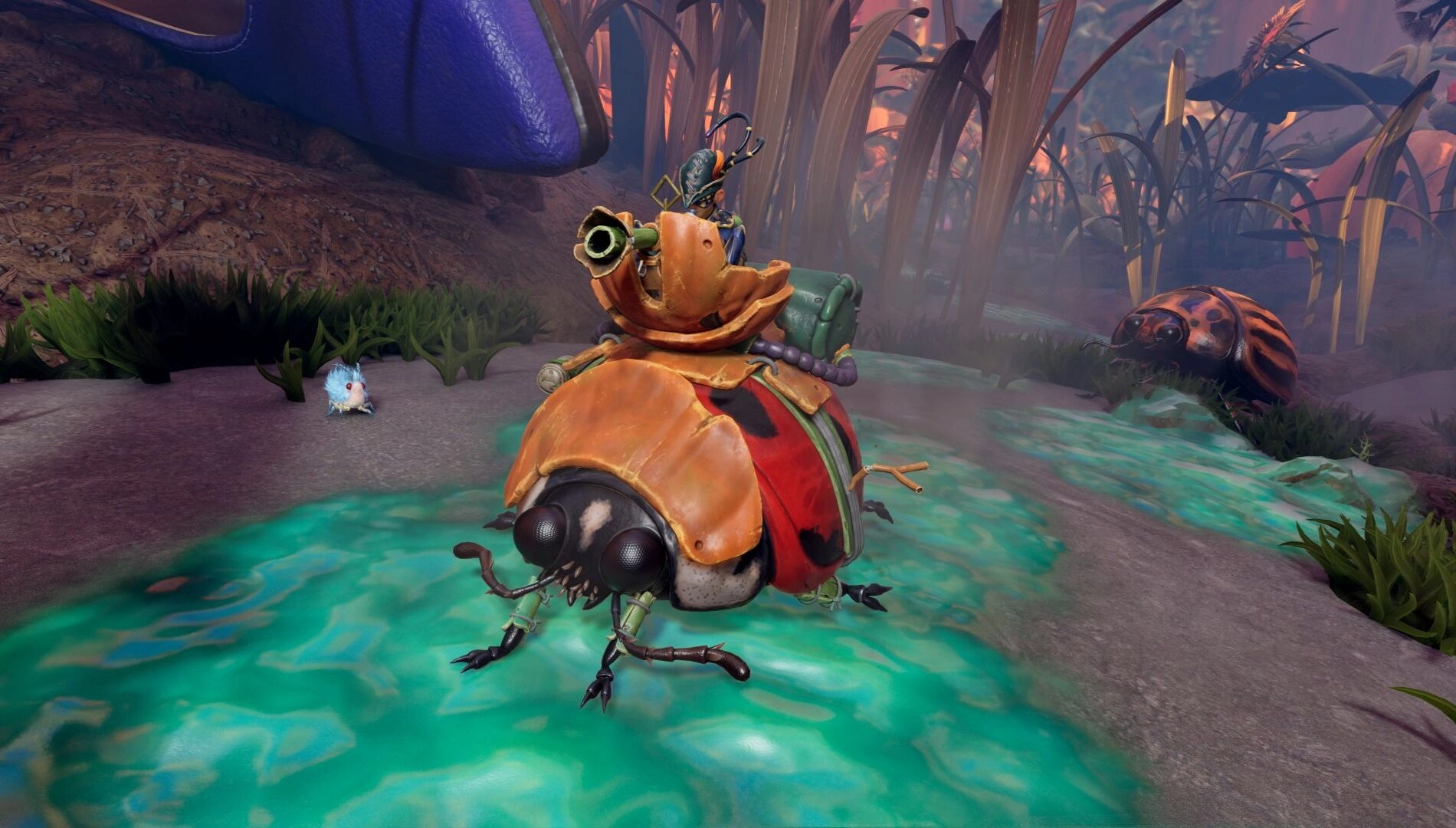 Ladybug Buggy with water cannon in a vibrant garden biome, surrounded by colorful plants and creatures