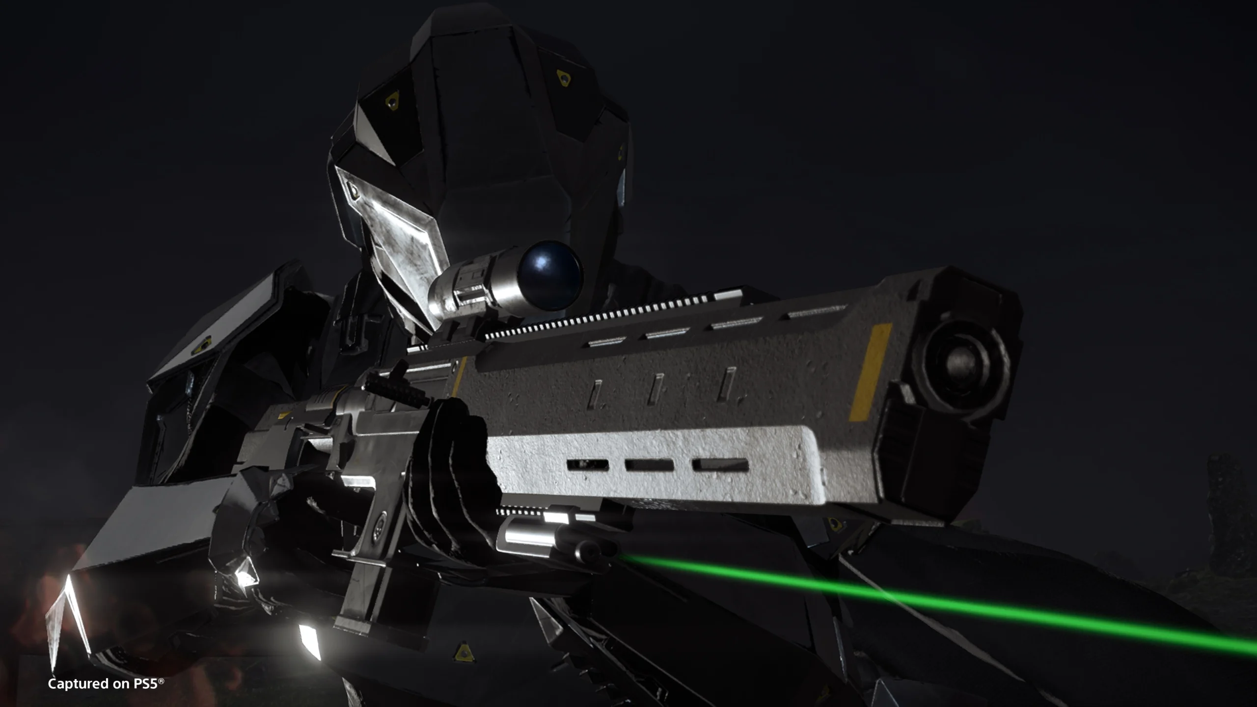 Sci-fi soldier aiming futuristic weapon with a green laser sight in a dark, high-tech environment.