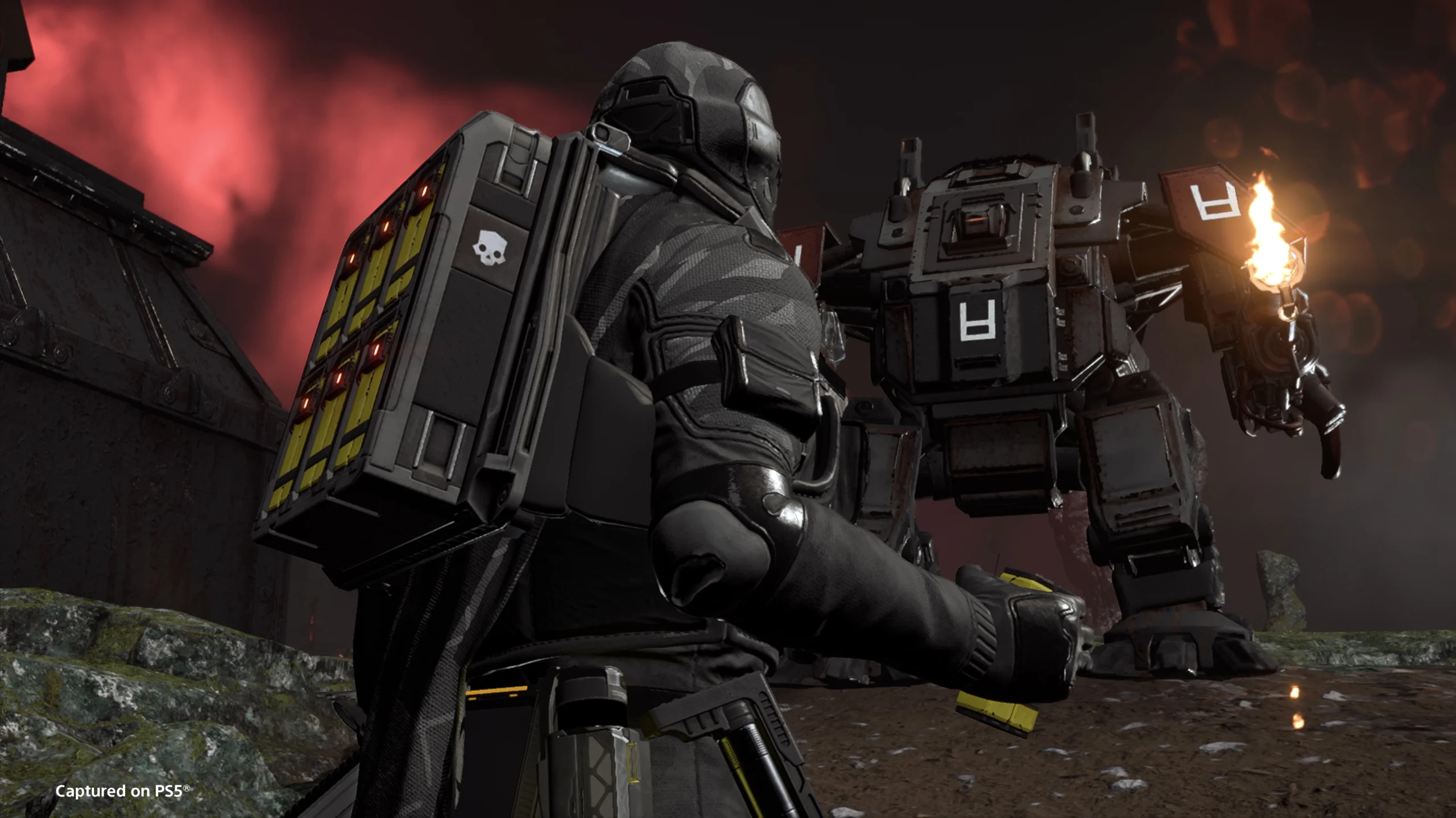 Helldivers soldier with tactical gear and mech in cosmic battlefield, showcasing Redacted Regiment equipment and weapons.