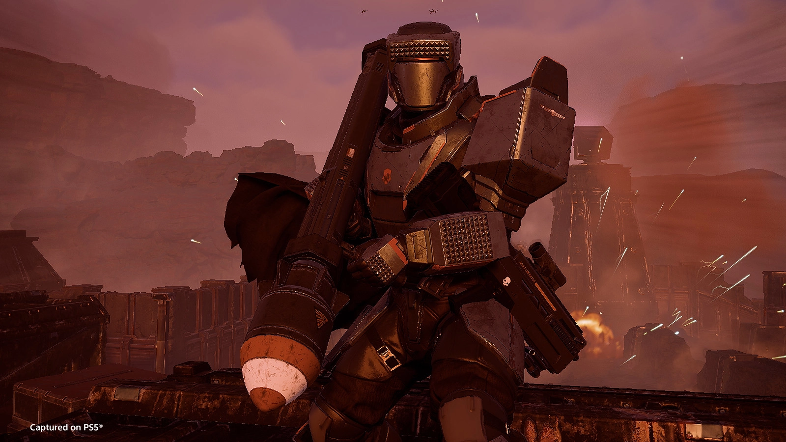 Armored soldier holding a large missile launcher, ready for battle in a rugged, smoky landscape