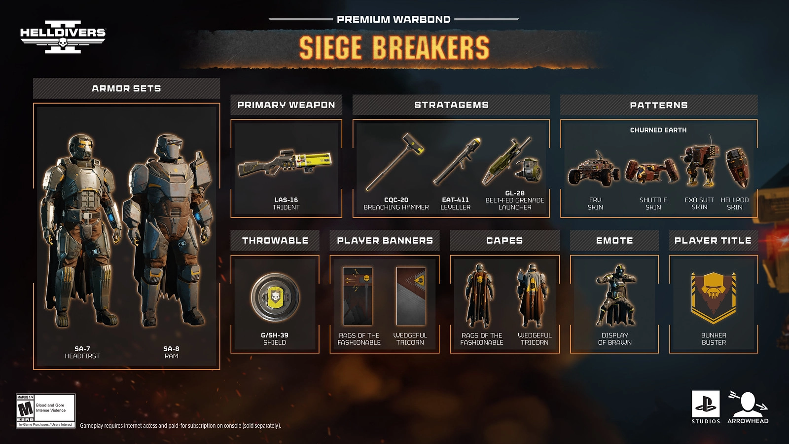 Helldivers Siege Breakers Warbond showcasing armor sets, weapons, stratagems, and player customization options