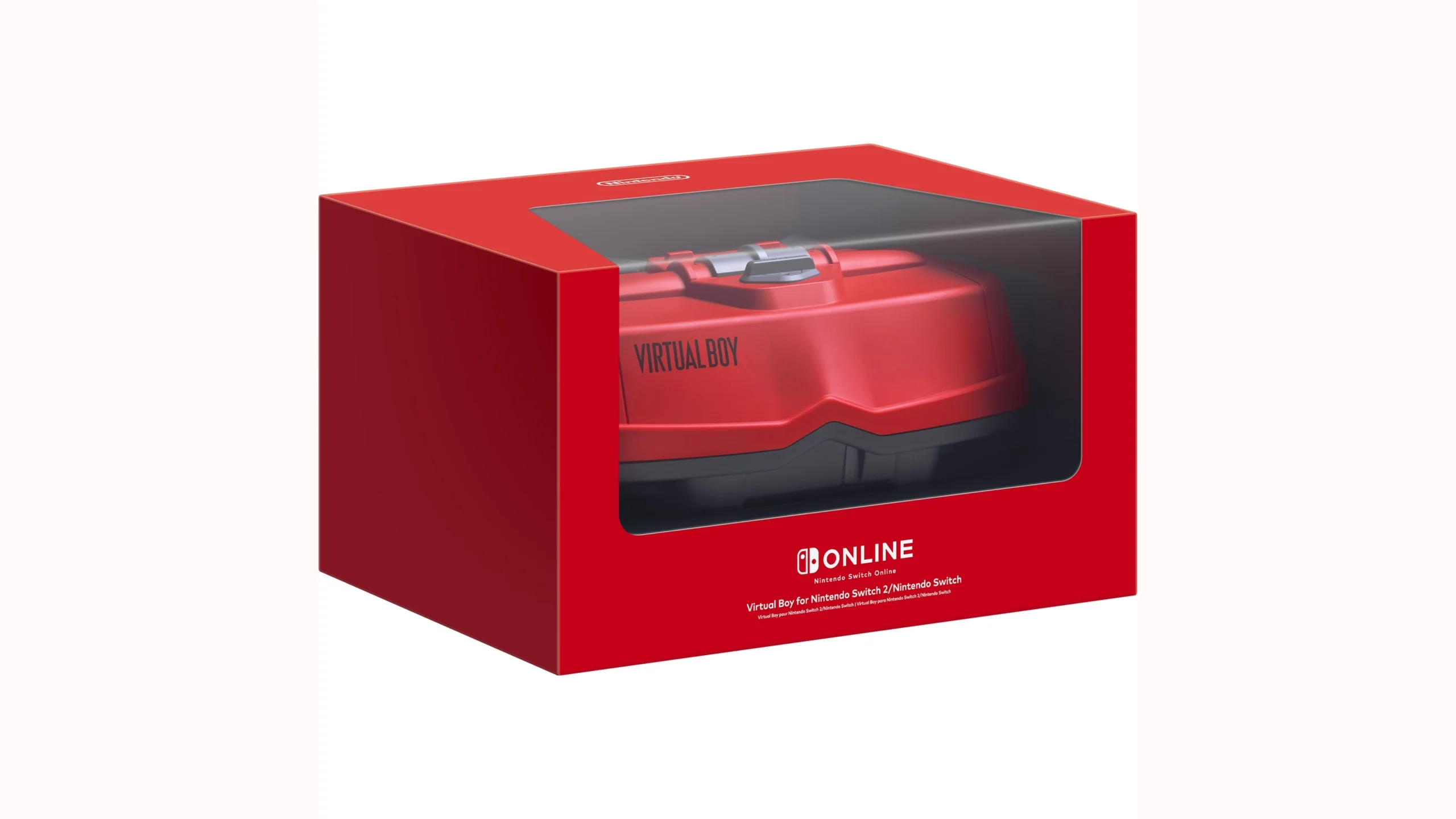 Red Virtual Boy accessory box for Nintendo Switch Online, showcasing the device through a clear window