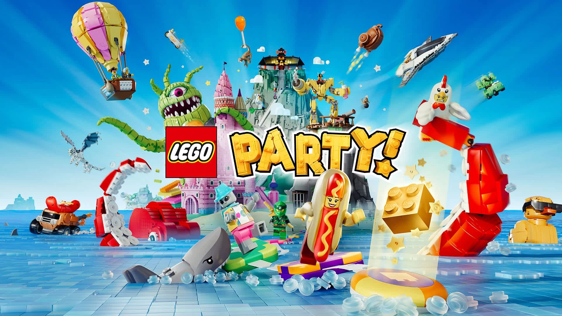 Colorful LEGO characters and structures in a vibrant party scene with balloons and confetti in the sky