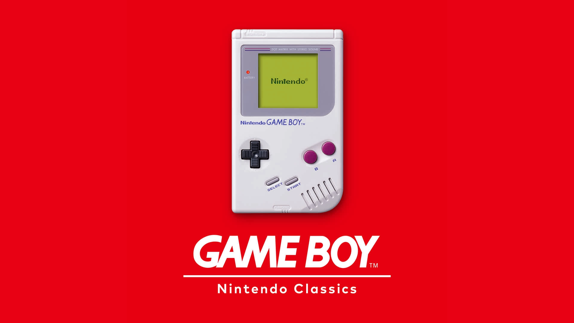 Classic Nintendo Game Boy console on a red background, highlighting Nintendo Classics collection