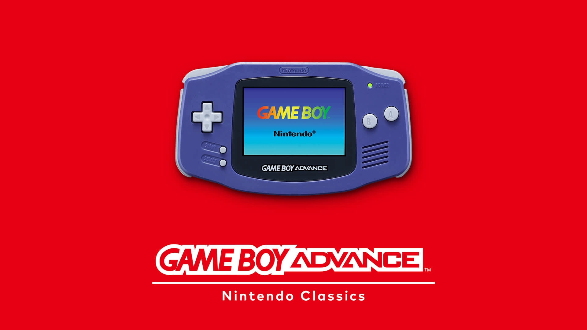 Purple Game Boy Advance displayed on a red background with Nintendo Classics branding