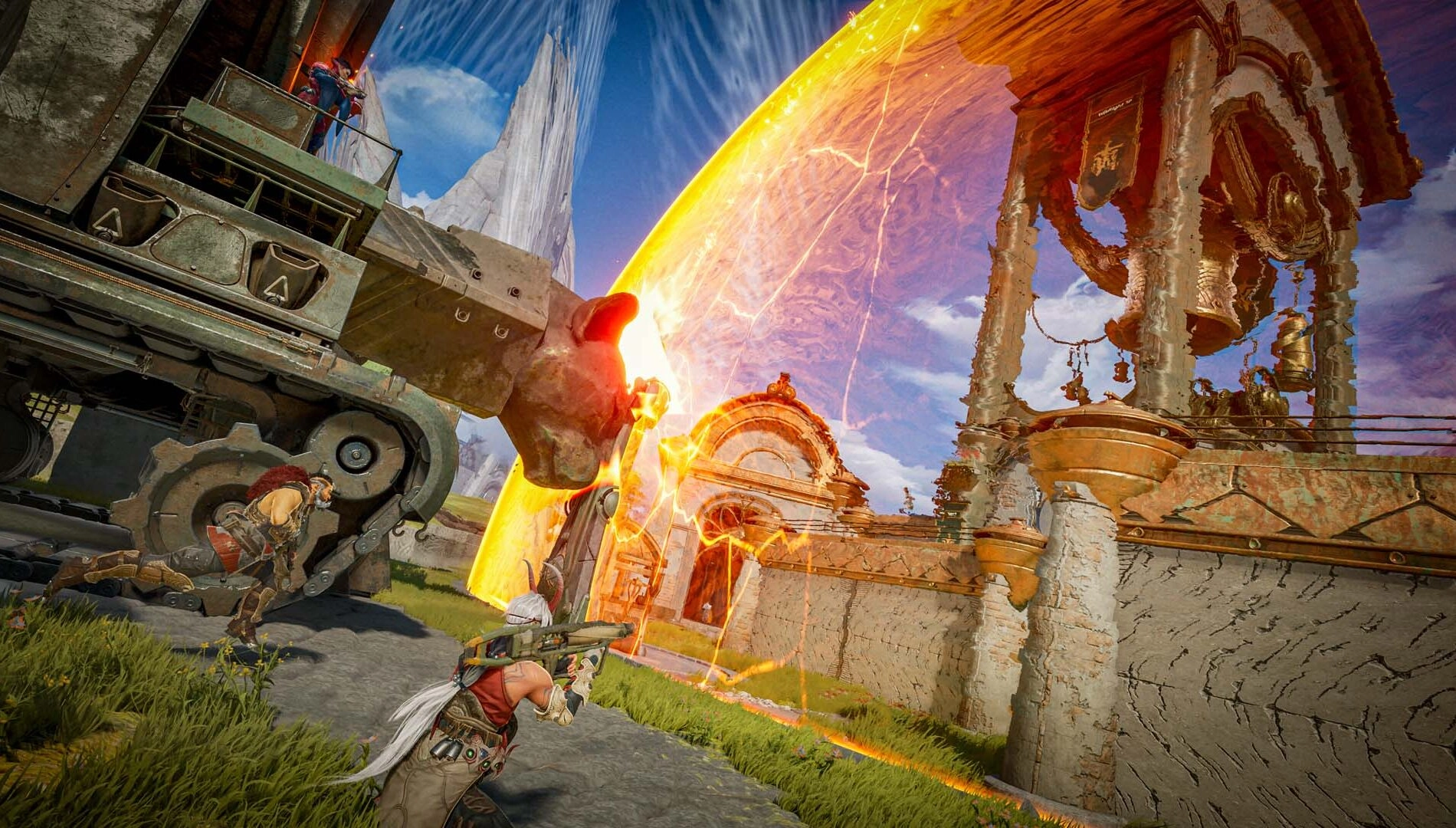 Players engage in a dynamic battle near a fortress, using advanced weapons and magical shields in Highguard