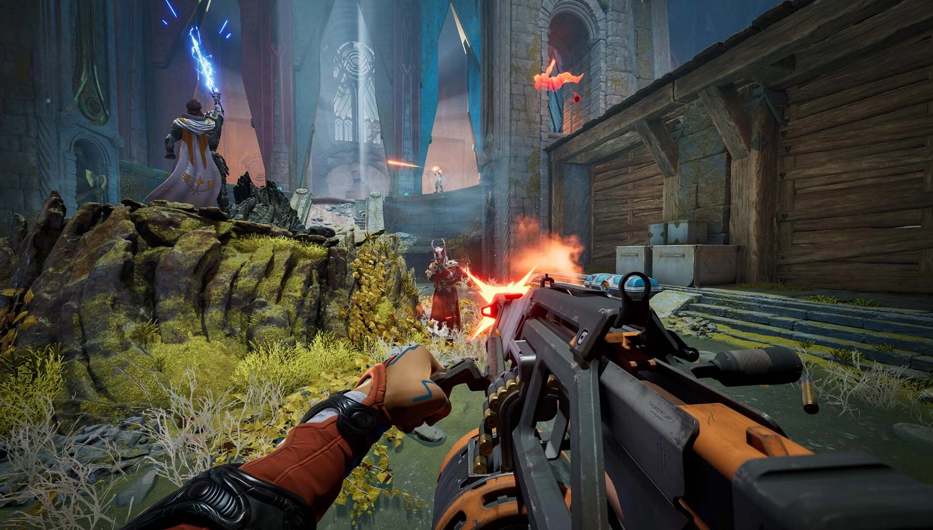First-person view of a player shooting in a mystical fortress, featuring vibrant spells and intense action