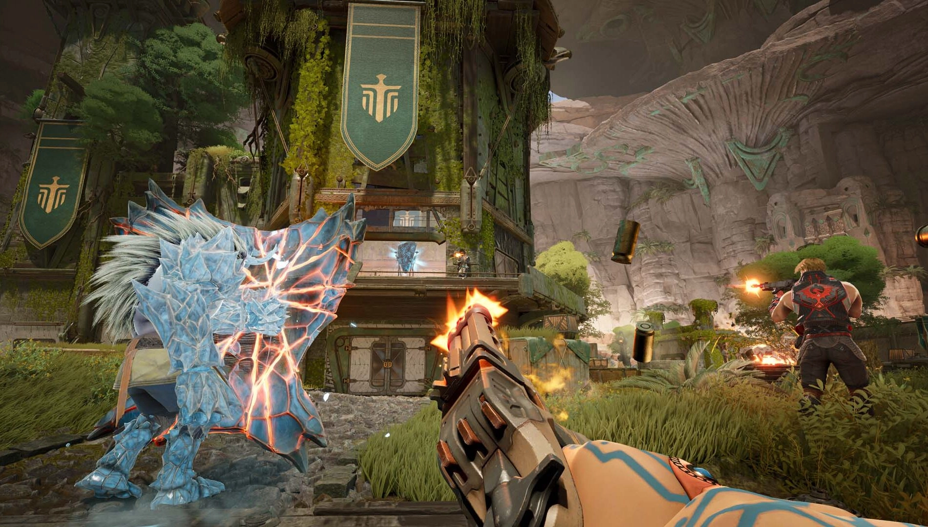 Player in Highguard firing at an enemy fortress, wielding a gun with a glowing barrel, amidst lush scenery