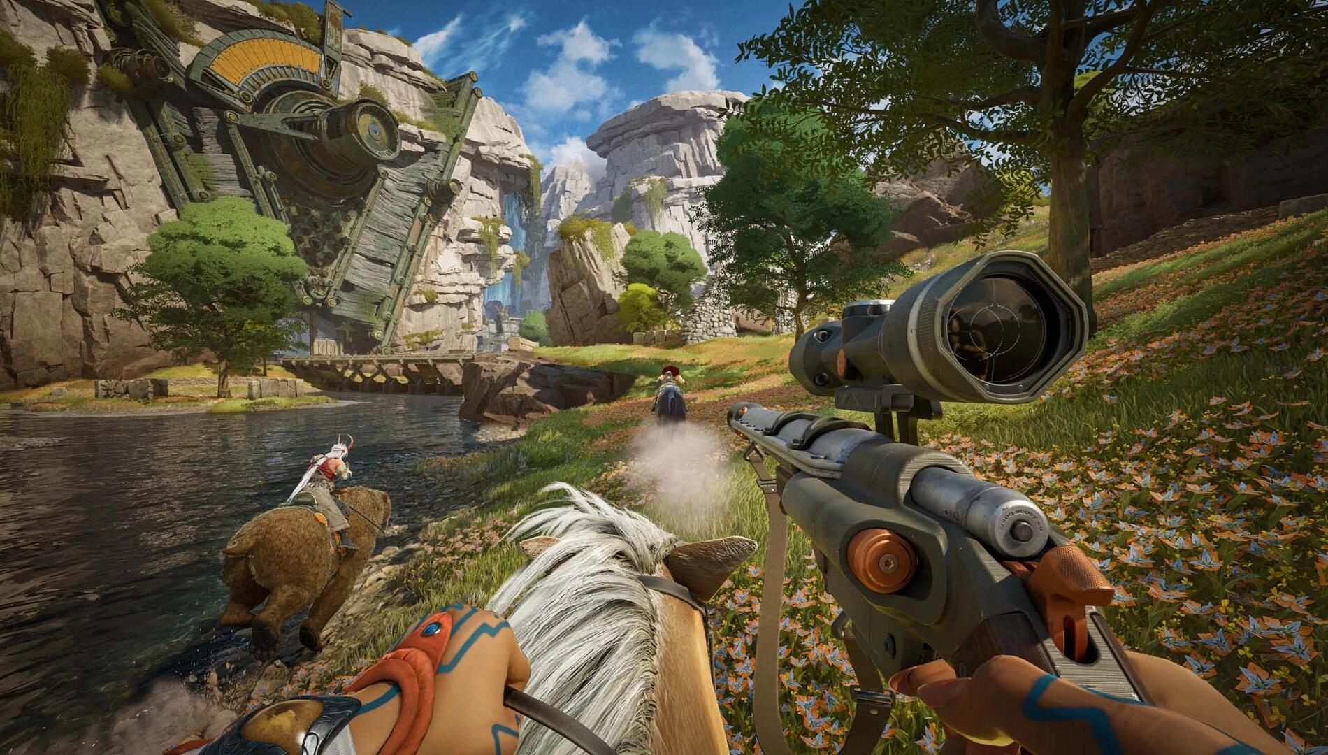 First-person view of a player riding a bear, aiming a weapon in a vibrant, fantastical landscape