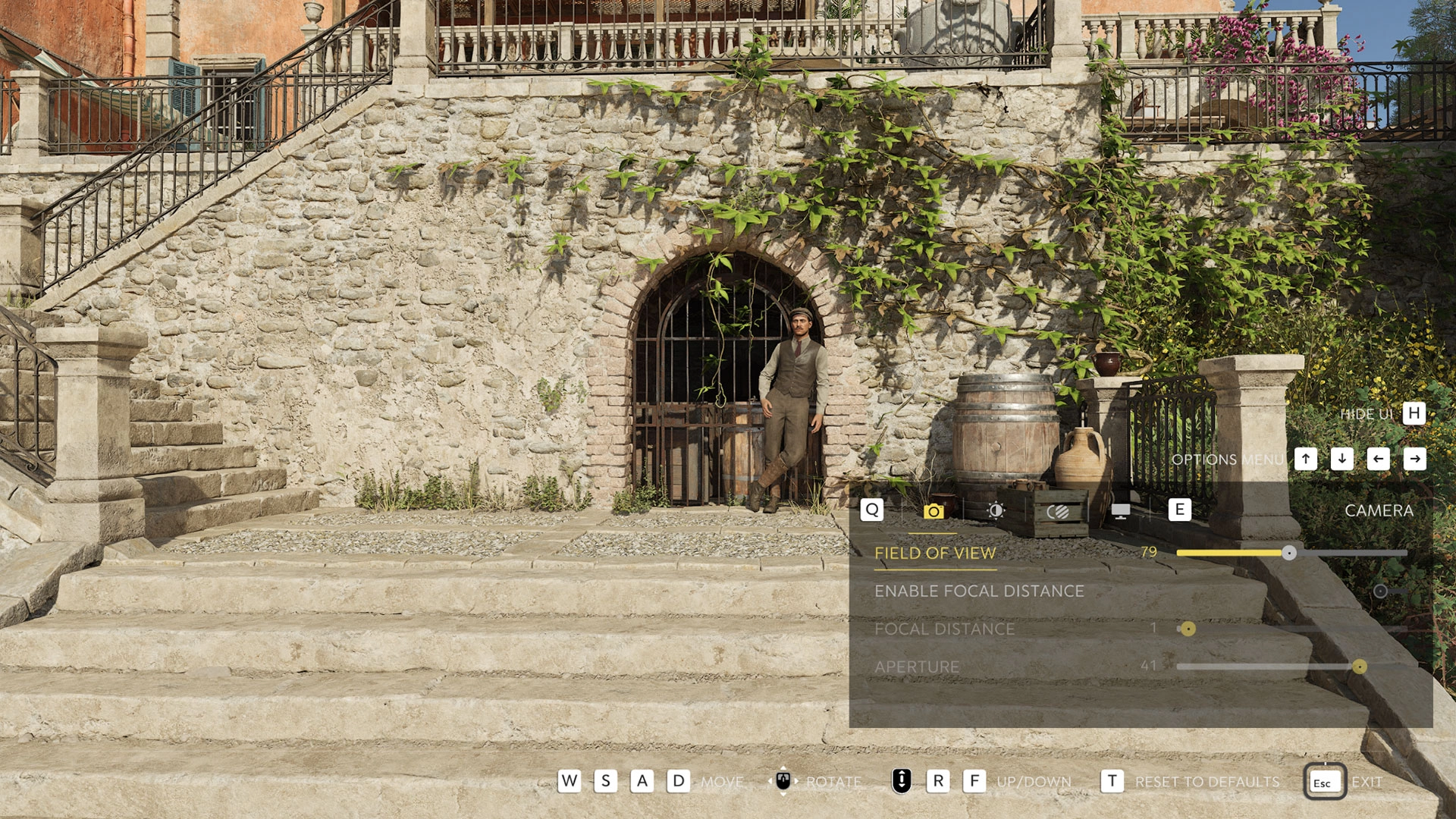 A character stands on stone steps in a rustic Sicilian setting, with Photo Mode options visible on screen
