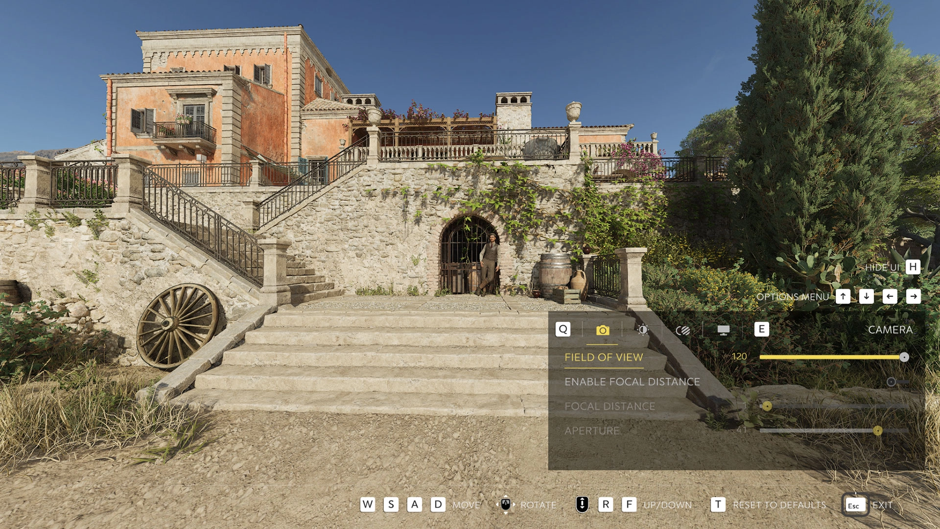Stone staircase leading to a rustic villa with lush greenery, captured in Mafia's Photo Mode interface
