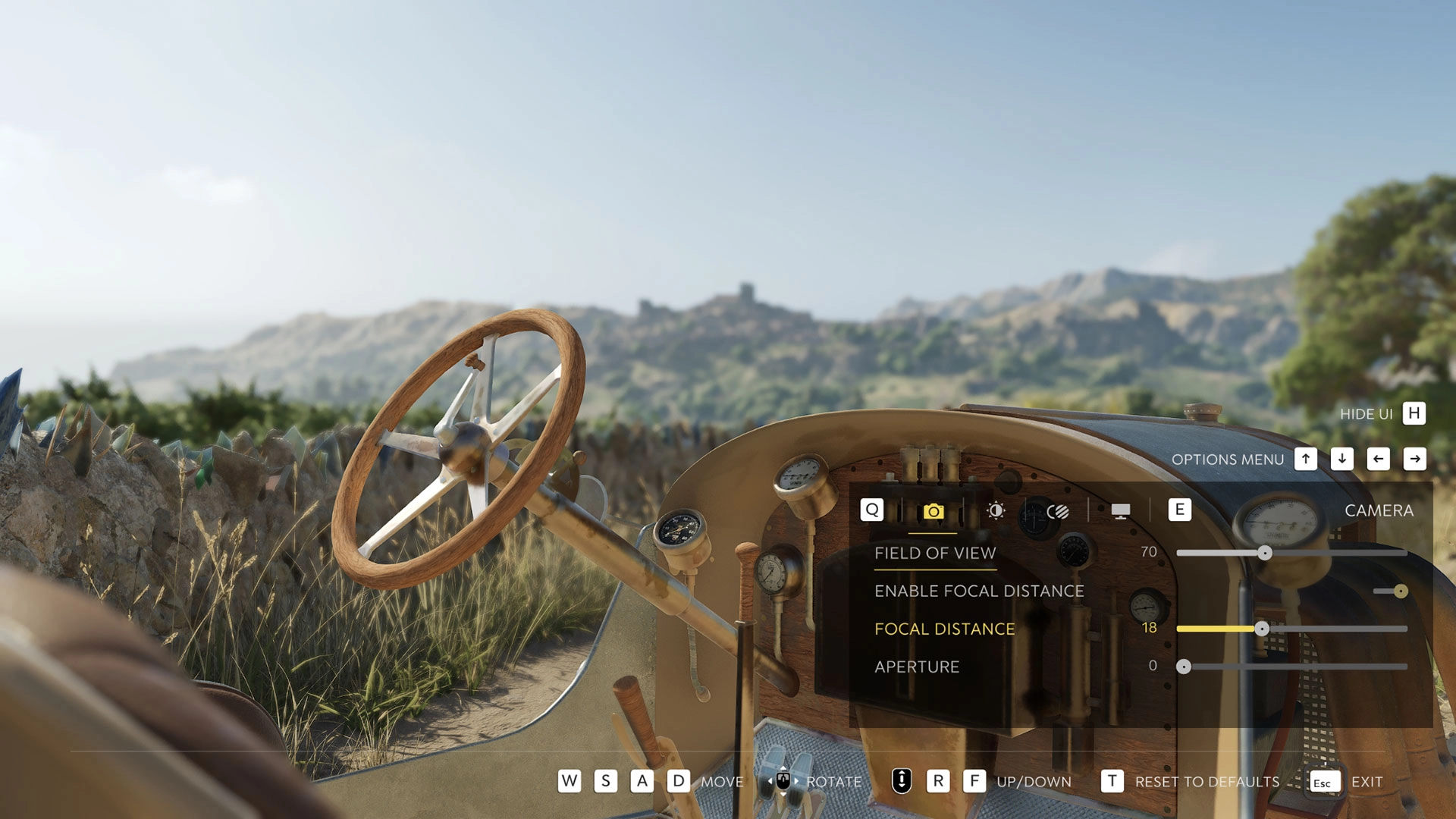 View from a vintage car's dashboard overlooking the scenic Sicilian countryside in Mafia's Photo Mode