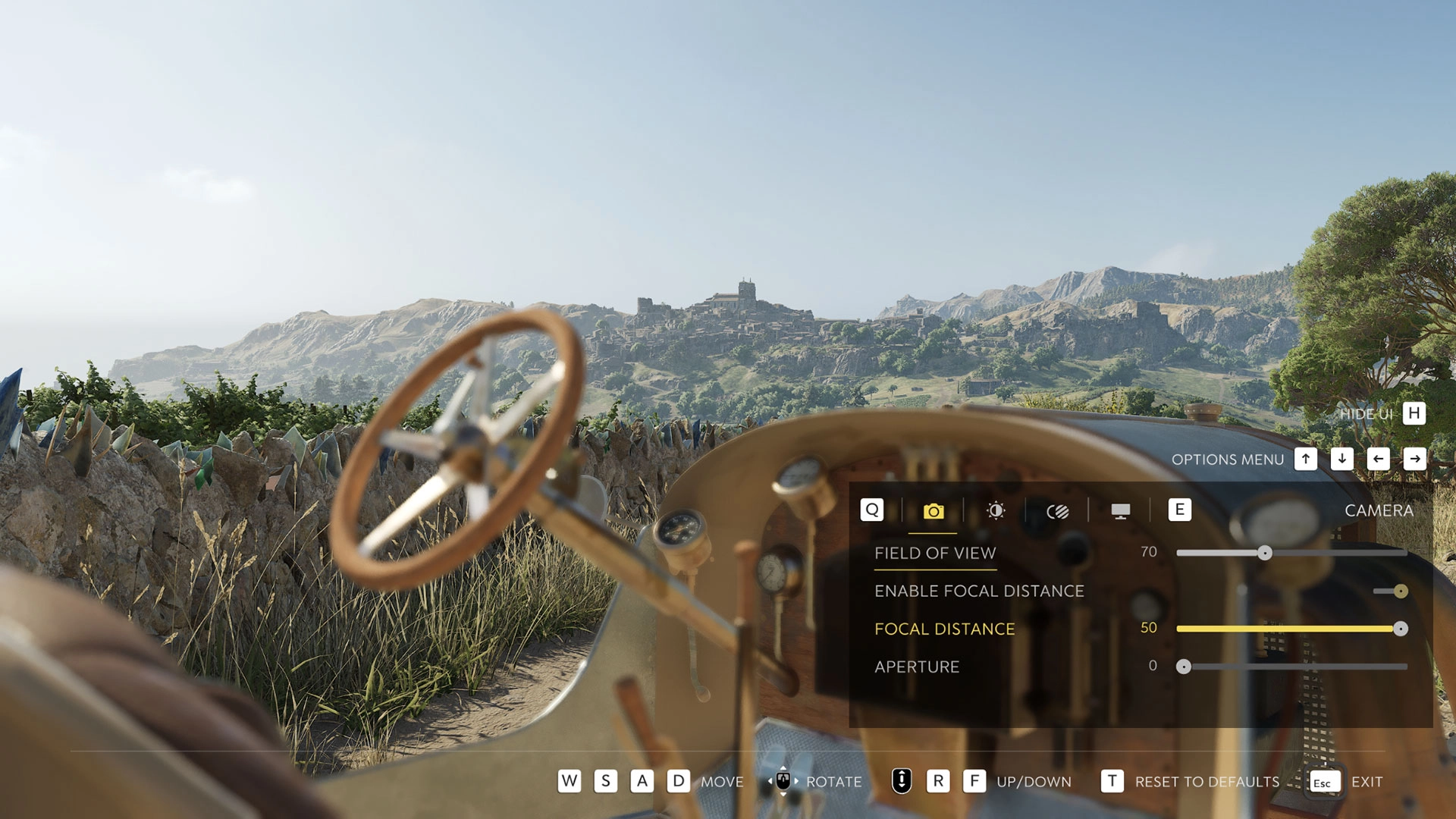 View from a vintage car dashboard overlooking the scenic Sicilian countryside in Mafia's Photo Mode