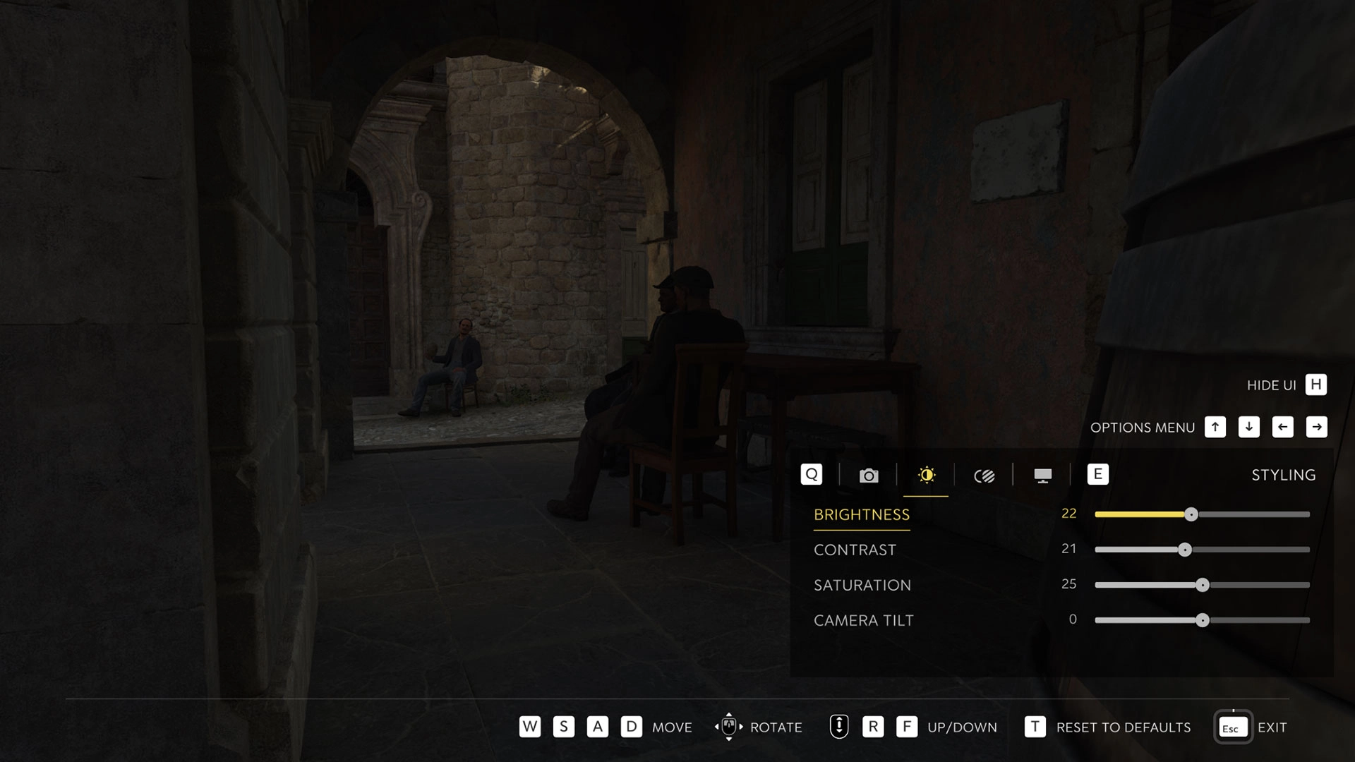 Game screenshot showing a dimly lit alley with two seated figures, Photo Mode options visible on screen