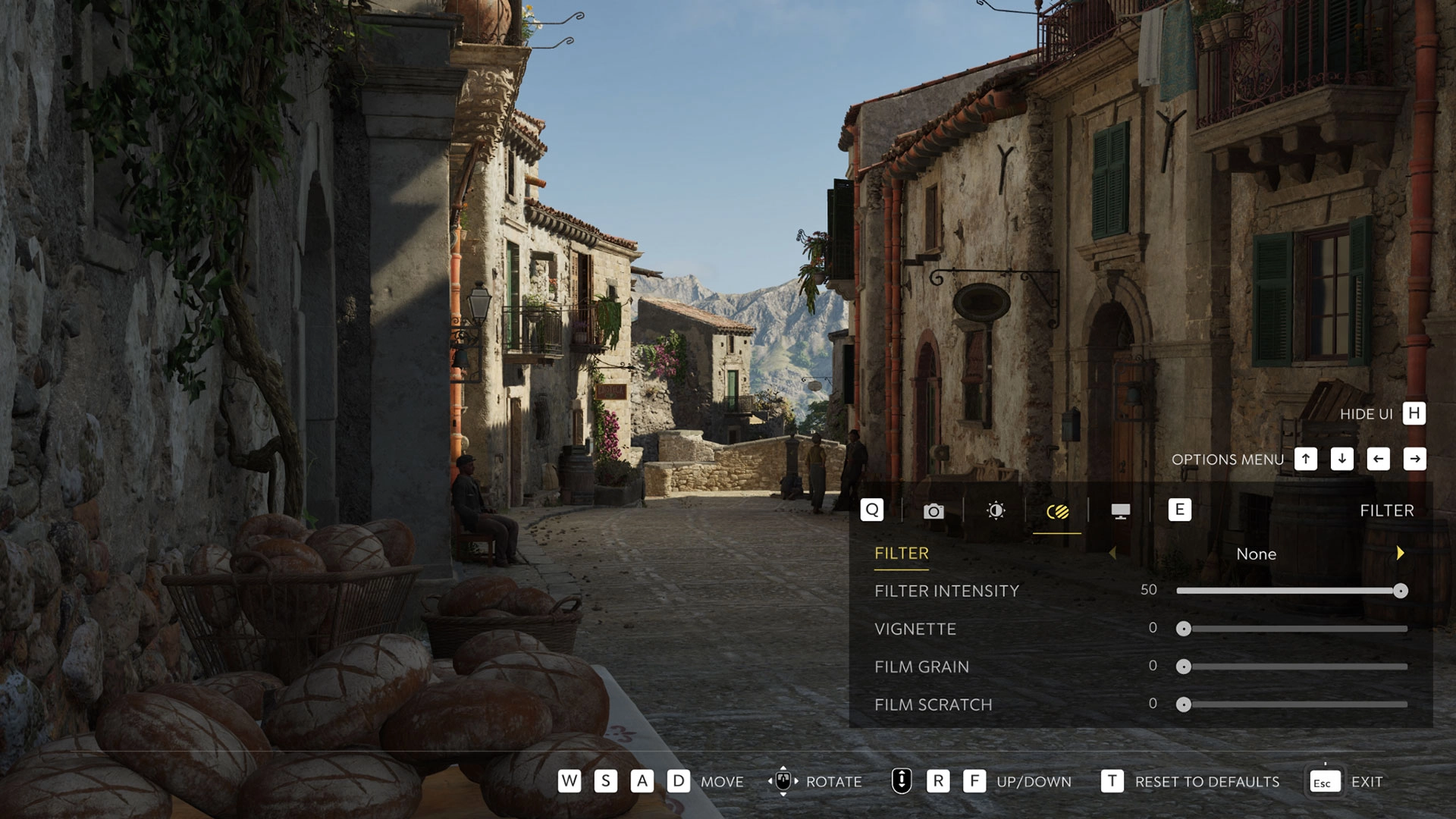 A rustic Sicilian street scene in Mafia's Photo Mode, showing detailed stone buildings and cobblestone path