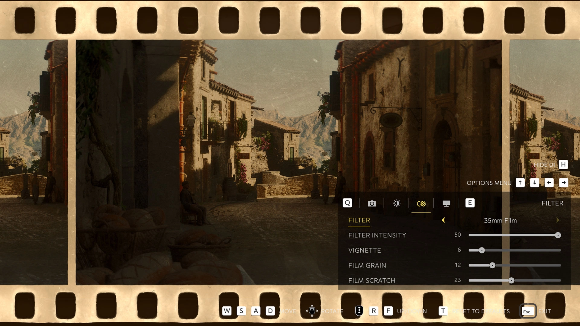 A sunlit Sicilian street in Mafia: The Old Country's Photo Mode, showcasing vintage filter options