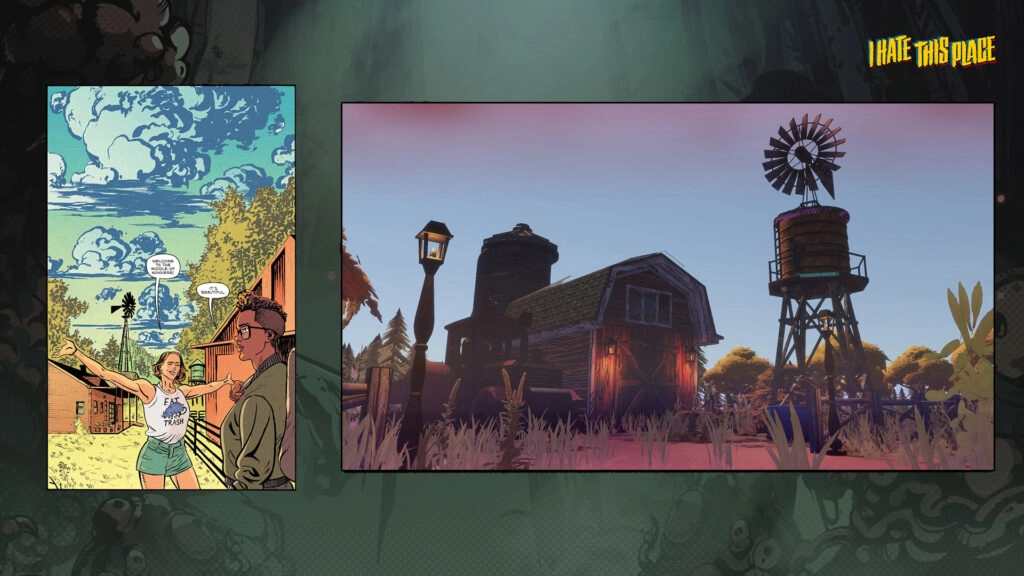 Comic panel of two characters talking; game scene with a house, windmill, and water tower at dusk