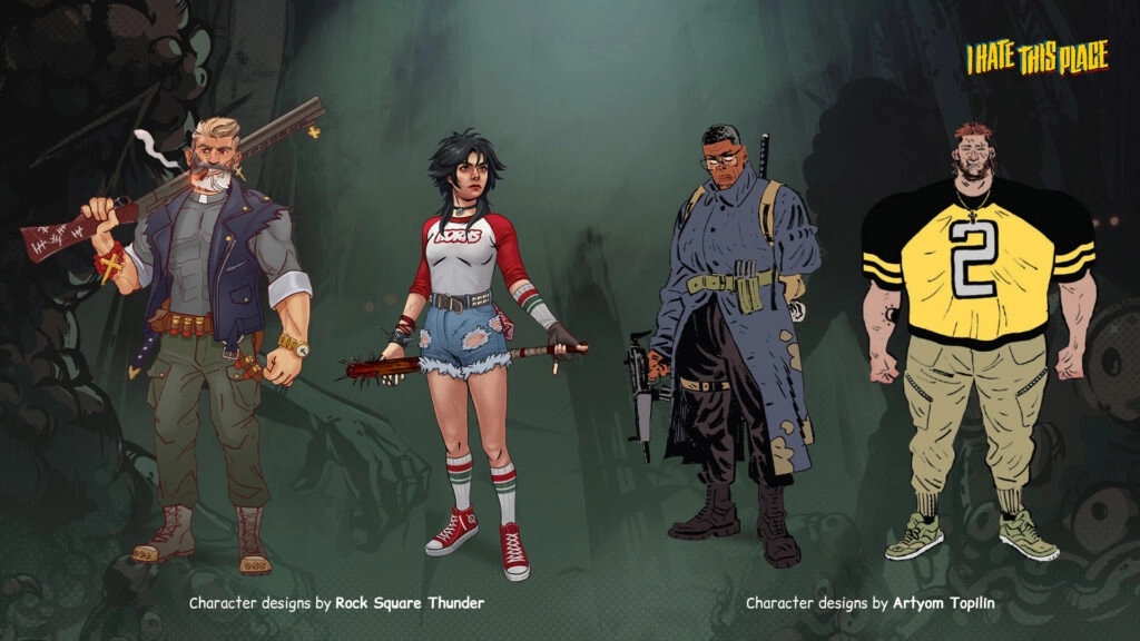 Four stylized characters from "I Hate This Place" game, each with unique outfits and weapons
