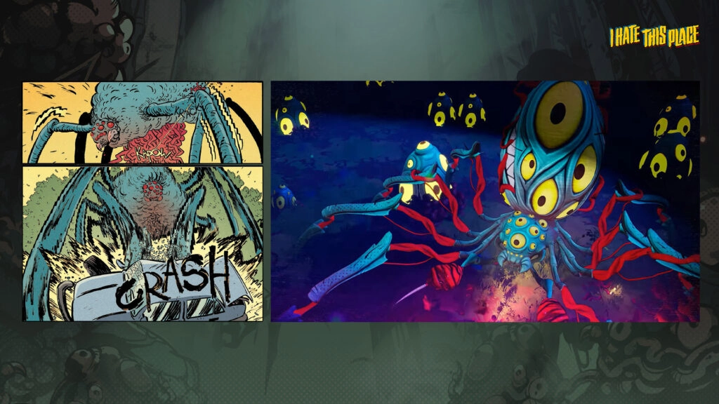 Comic panel and game scene featuring a multi-eyed creature with tentacles, showcasing visual parallels